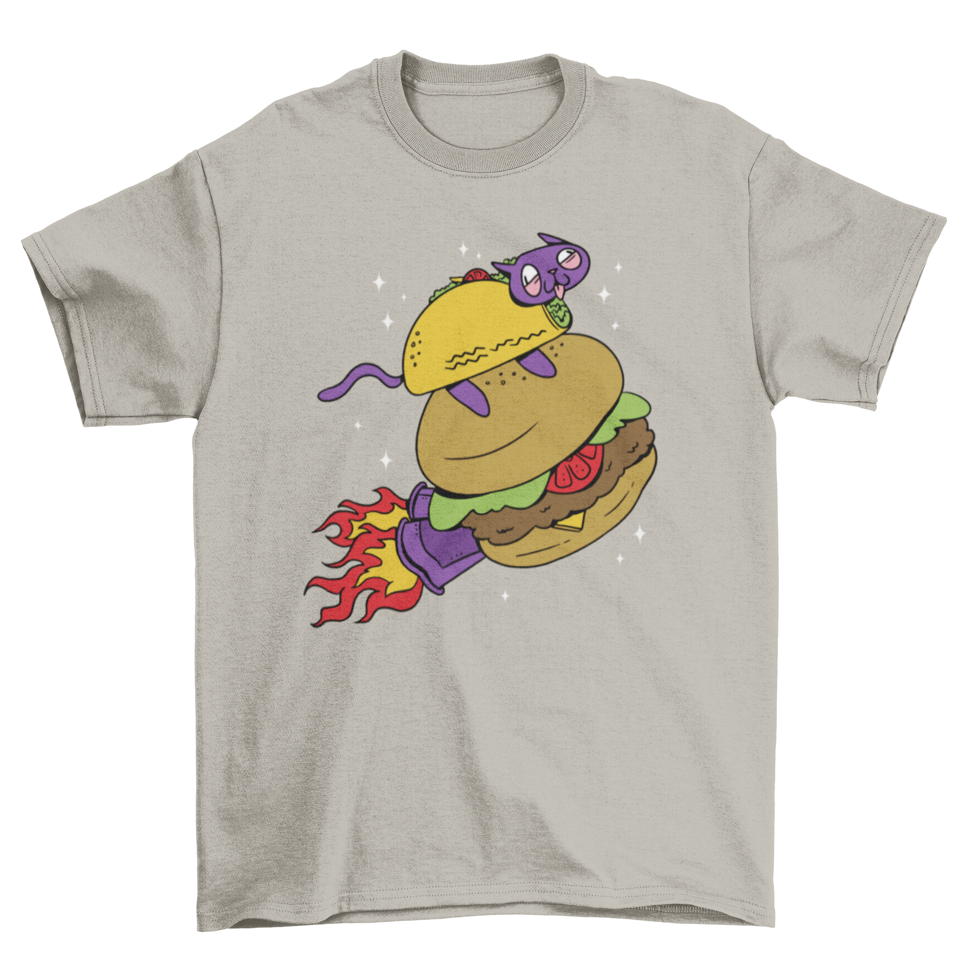 A whimsical t-shirt featuring a taco cat flying through space inside a burger, showcasing a colorful and playful design.