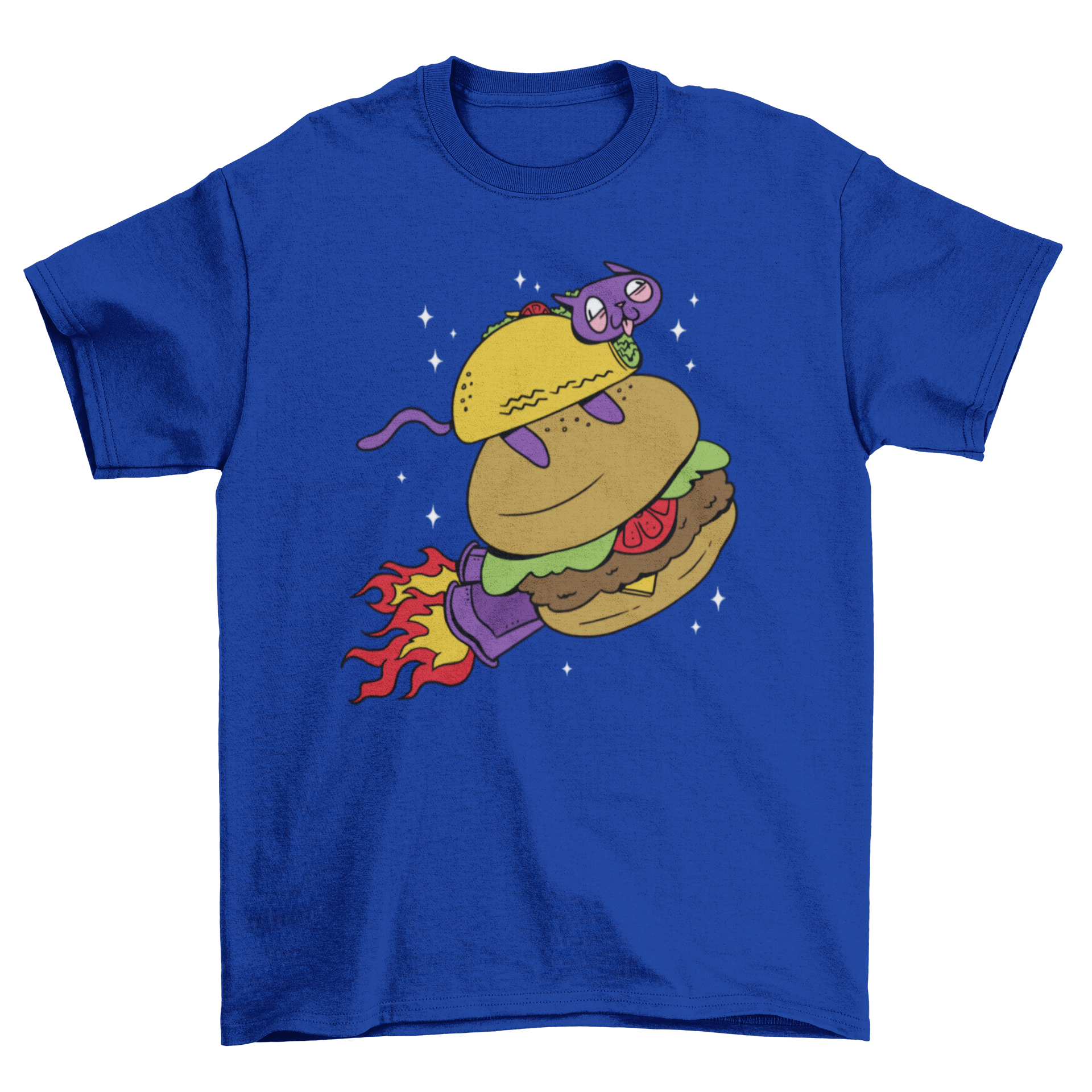 A whimsical t-shirt featuring a taco cat flying through space inside a burger, showcasing a colorful and playful design.