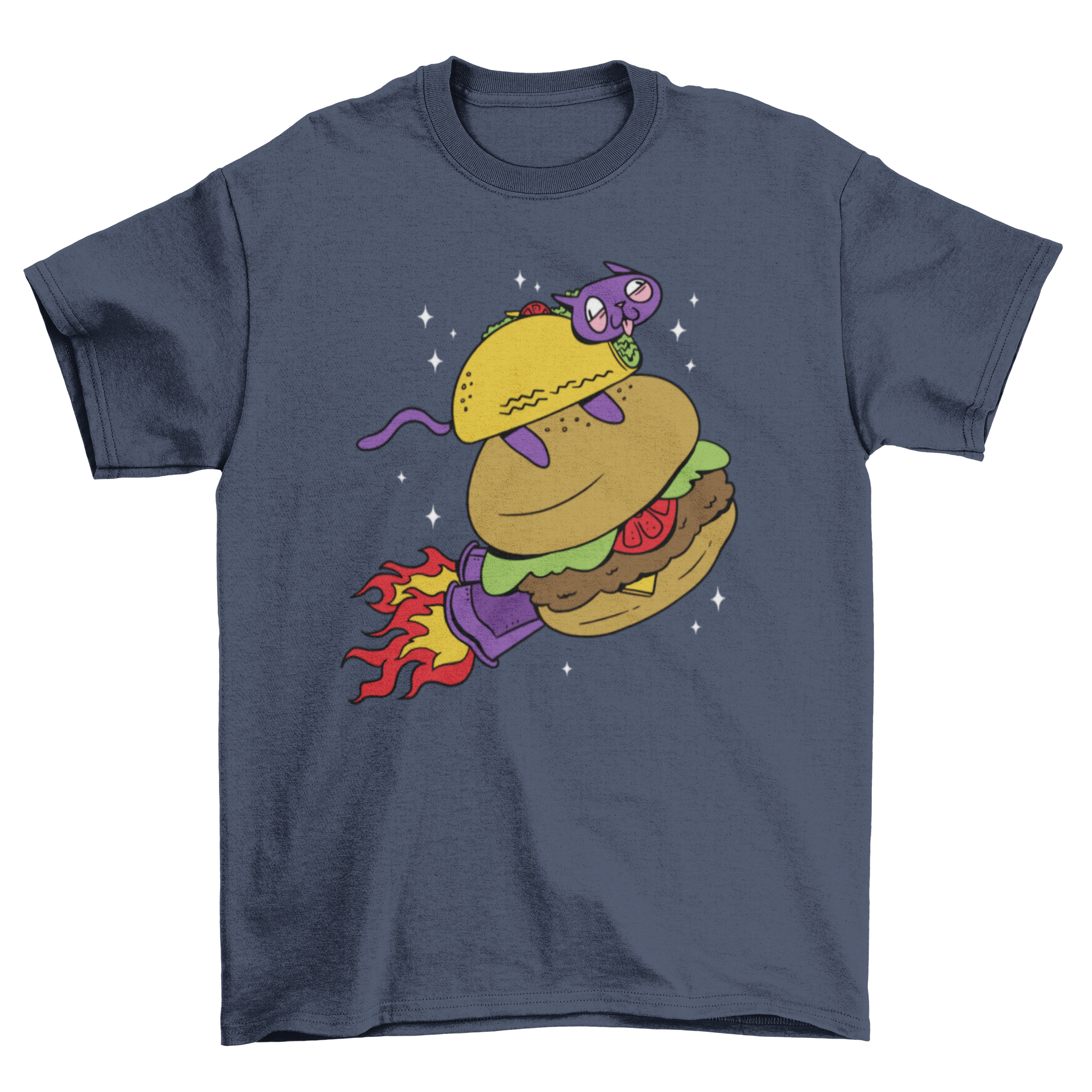 A whimsical t-shirt featuring a taco cat flying through space inside a burger, showcasing a colorful and playful design.