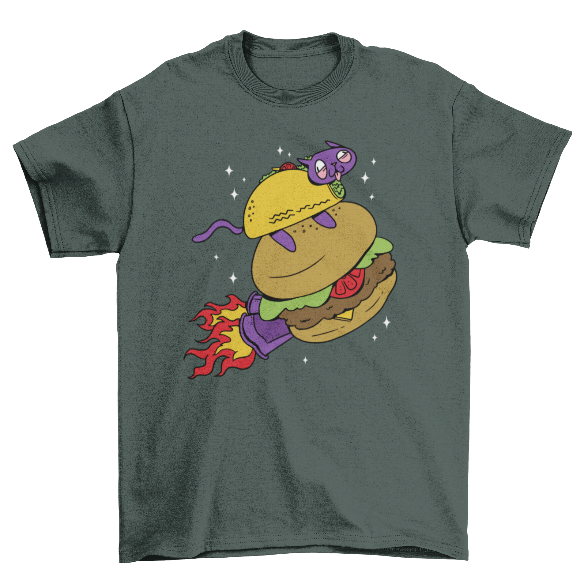 A whimsical t-shirt featuring a taco cat flying through space inside a burger, showcasing a colorful and playful design.