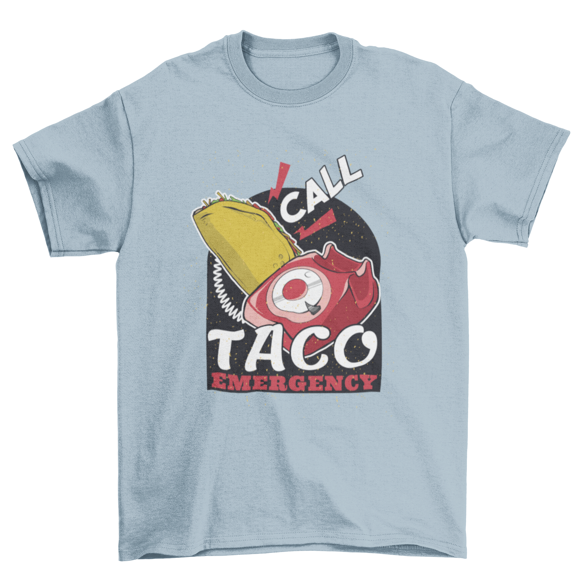 Taco Emergency T-Shirt featuring a red emergency phone and taco illustration with text 'Call' and 'Taco Emergency'.