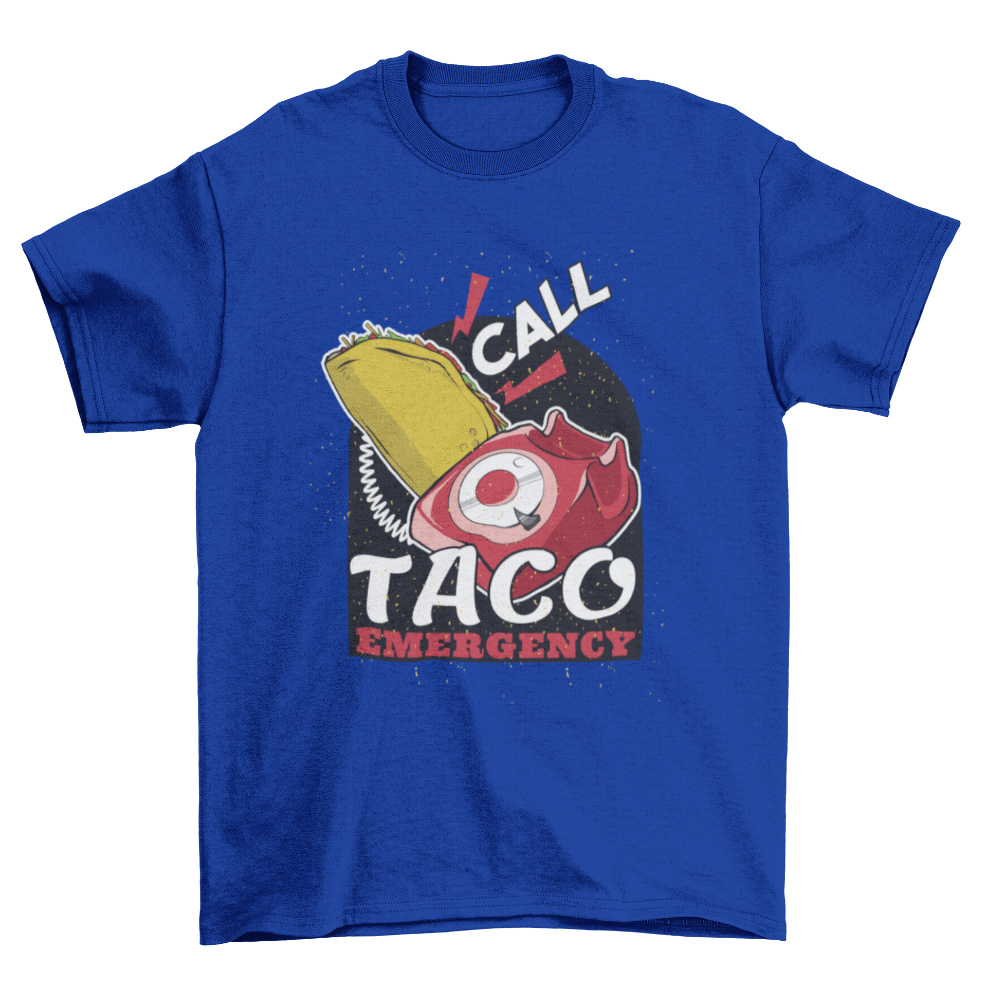 Taco Emergency T-Shirt featuring a red emergency phone and taco illustration with text 'Call' and 'Taco Emergency'.