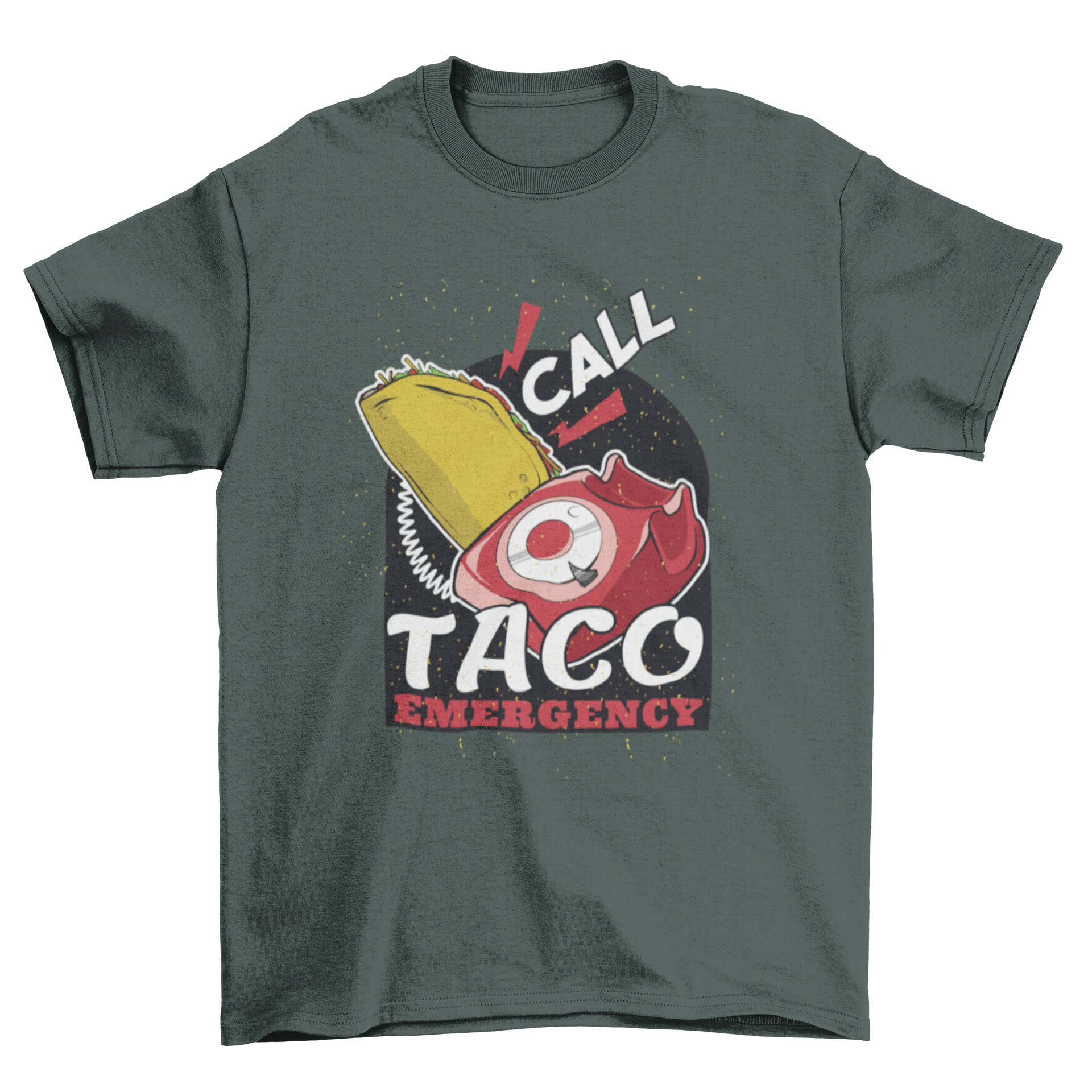 Taco Emergency T-Shirt featuring a red emergency phone and taco illustration with text 'Call' and 'Taco Emergency'.