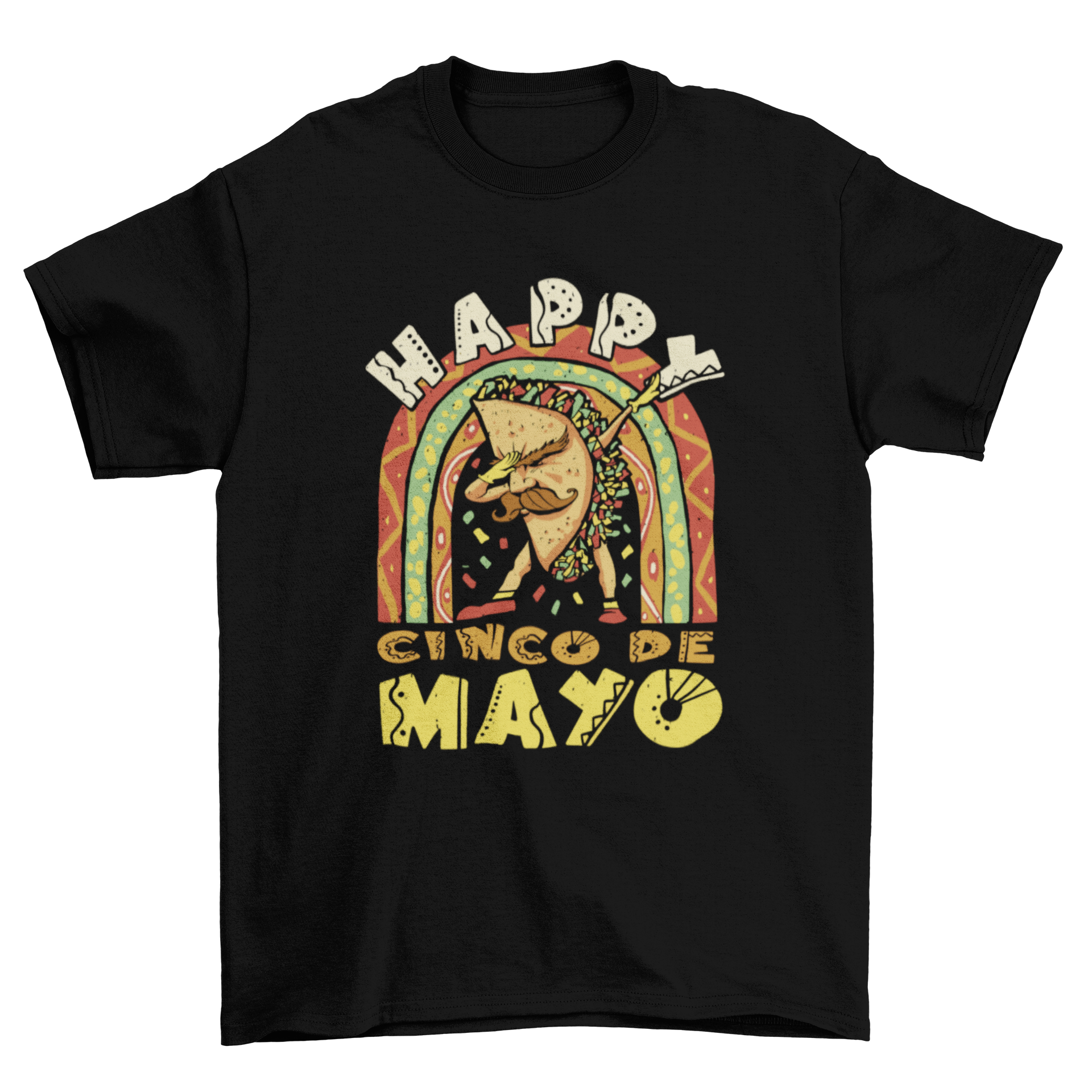 A fun t-shirt featuring a taco dabbing with the text 'Happy Cinco de Mayo' for festive celebrations.