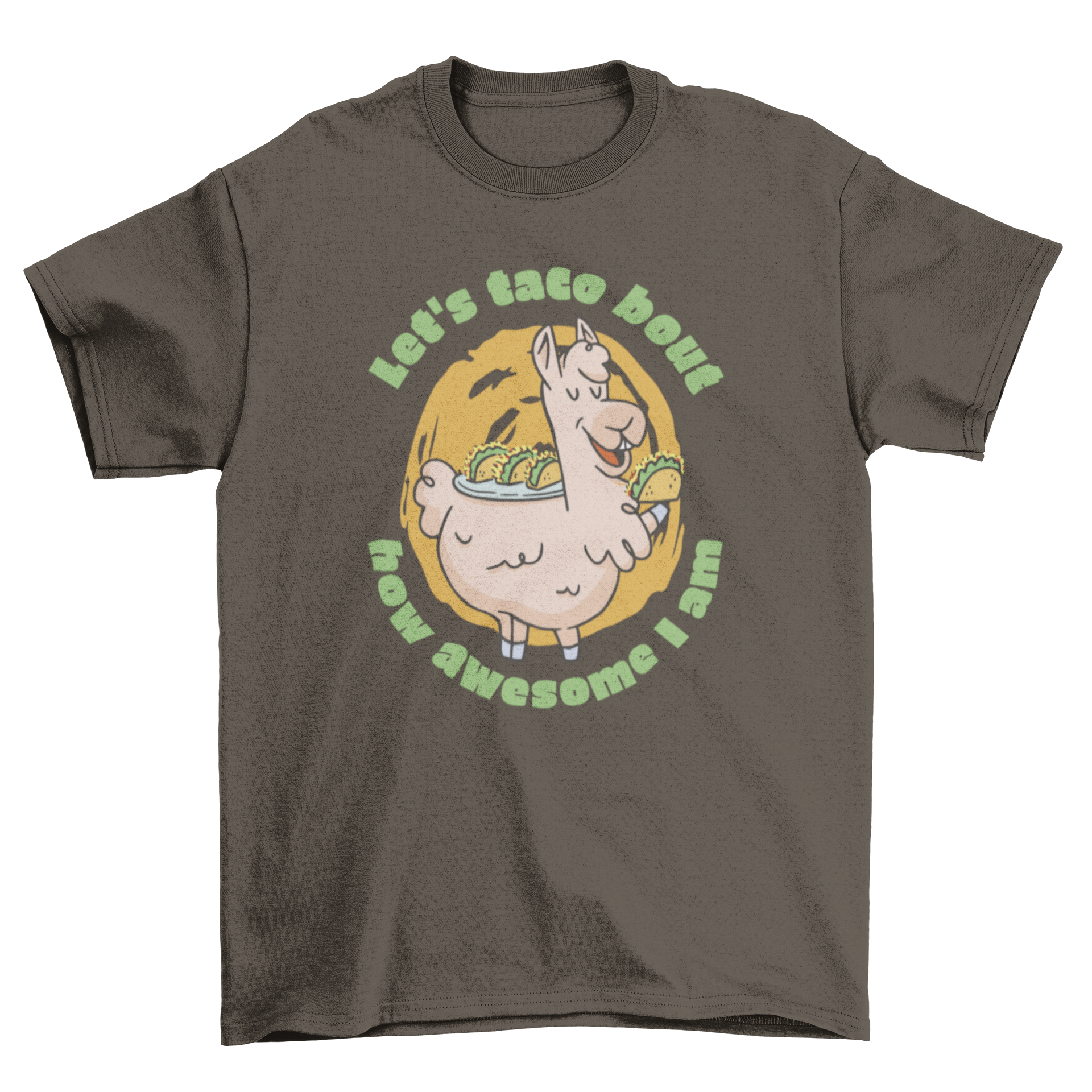 A vibrant Taco Llama T-shirt featuring a llama eating tacos with the quote 'Let's taco bout how awesome I am'.