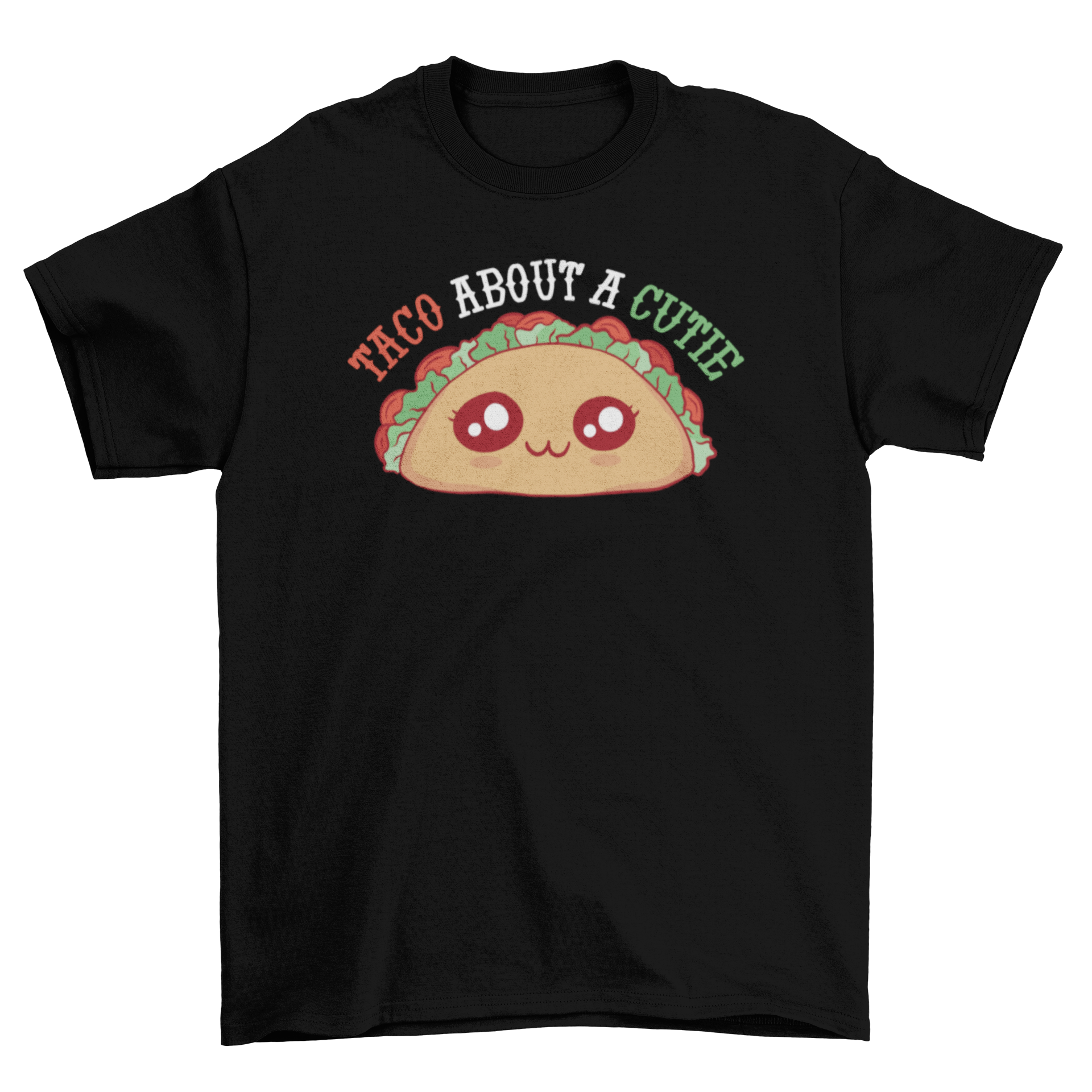 A fun taco pun quote t-shirt featuring a cute taco character and the text 'Taco about a cutie'.