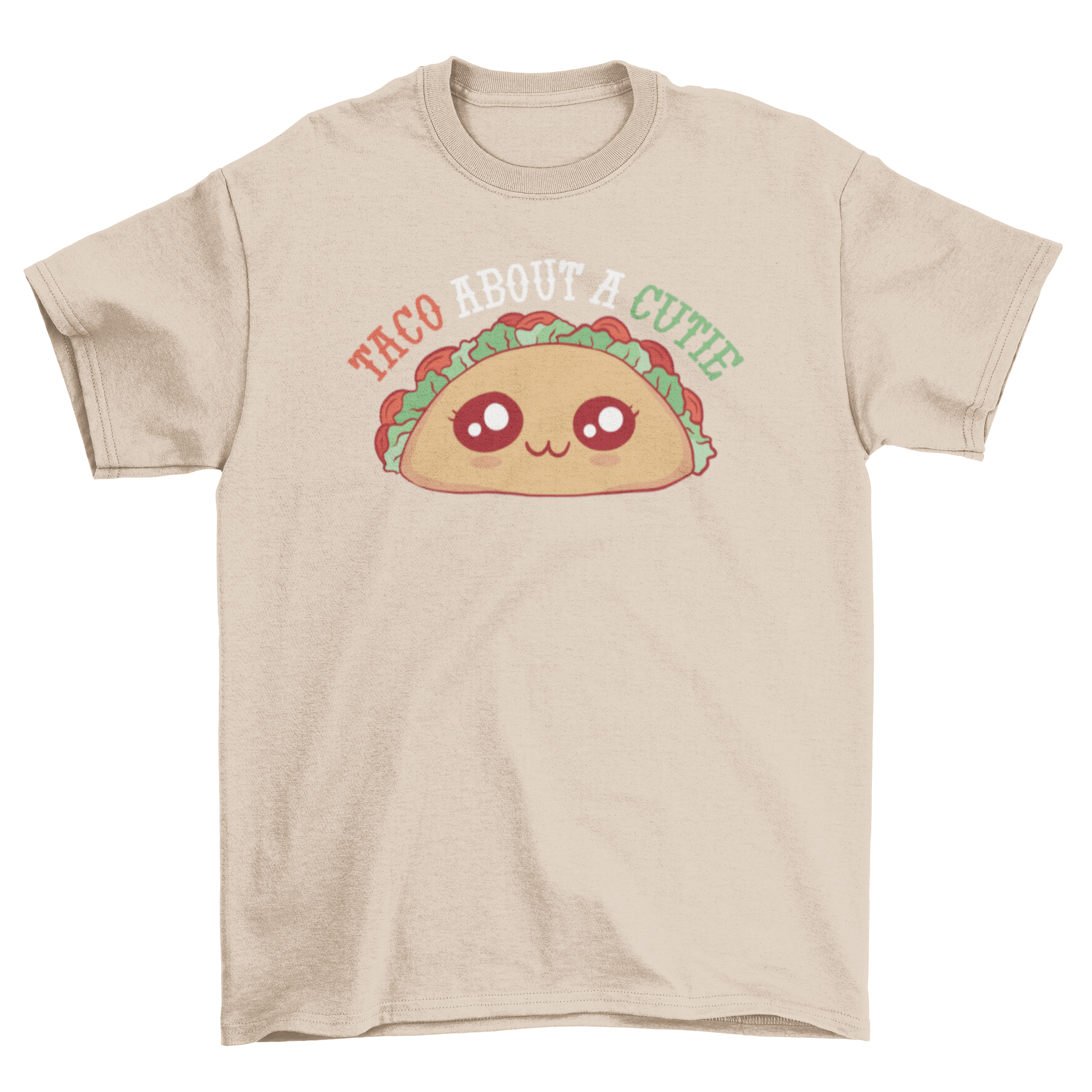 A fun taco pun quote t-shirt featuring a cute taco character and the text 'Taco about a cutie'.