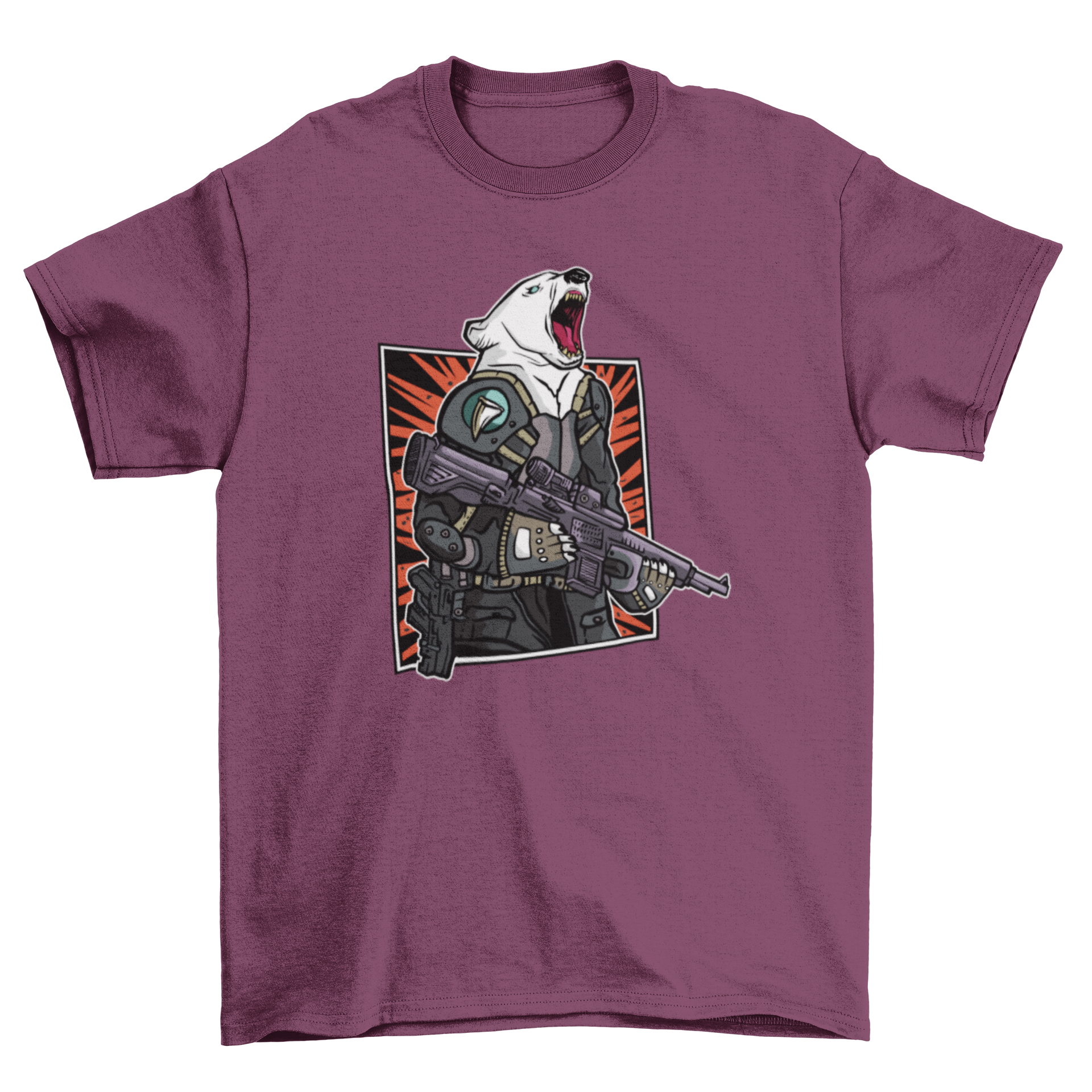 Polar bear soldier graphic shirt.