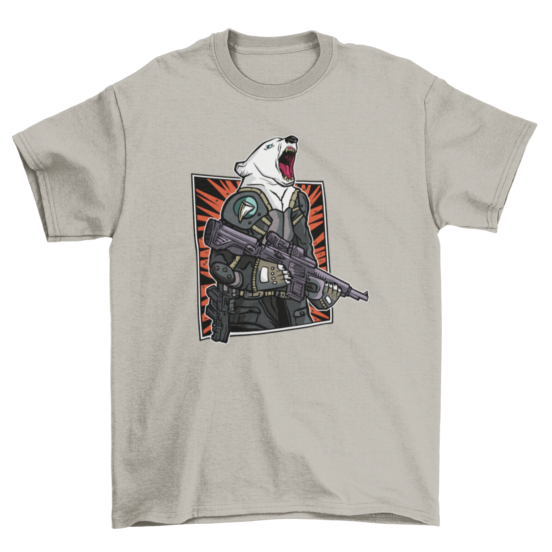 Polar bear soldier graphic t-shirt.