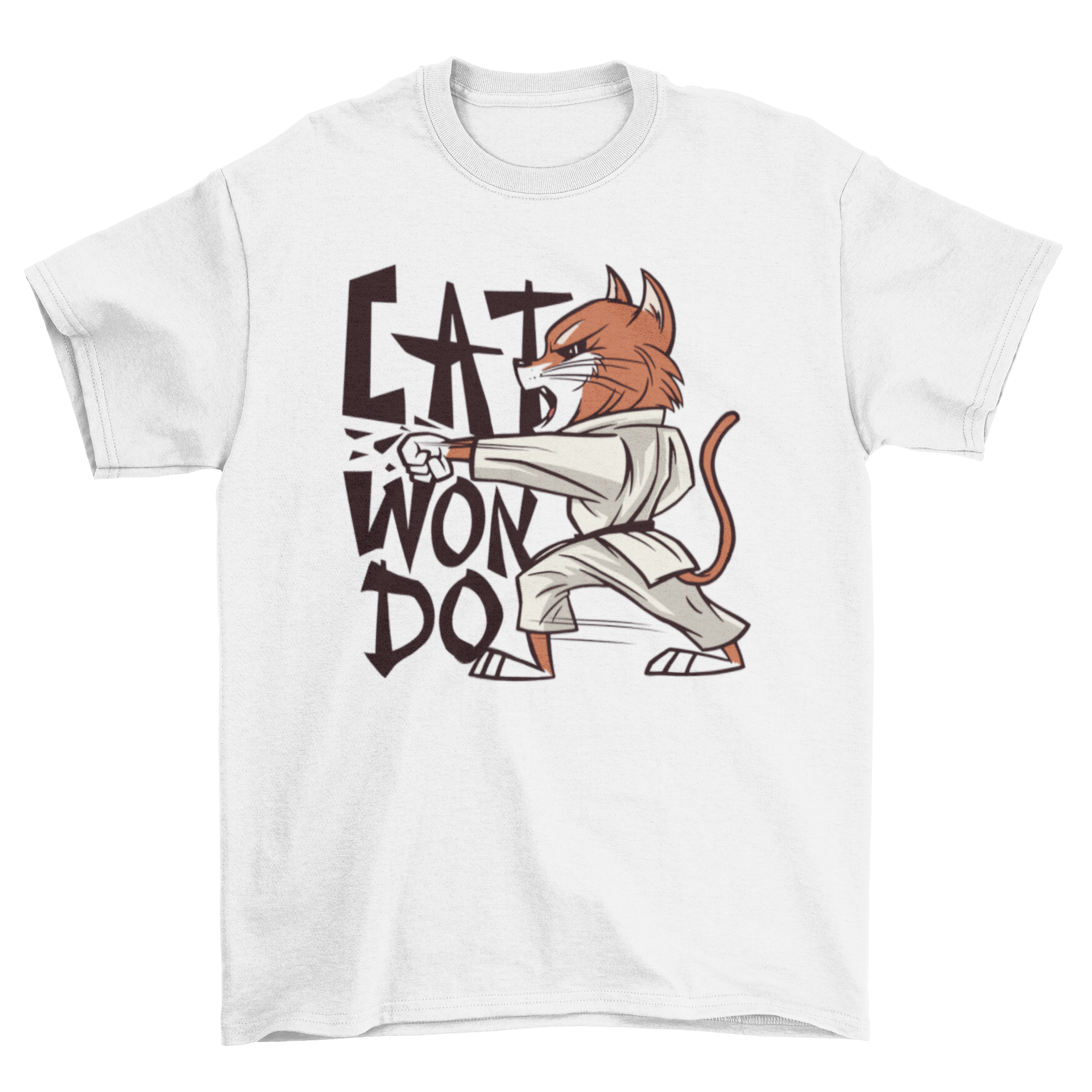 A stylish T-shirt featuring a playful cat practicing Taekwondo with the text CATWONDO.