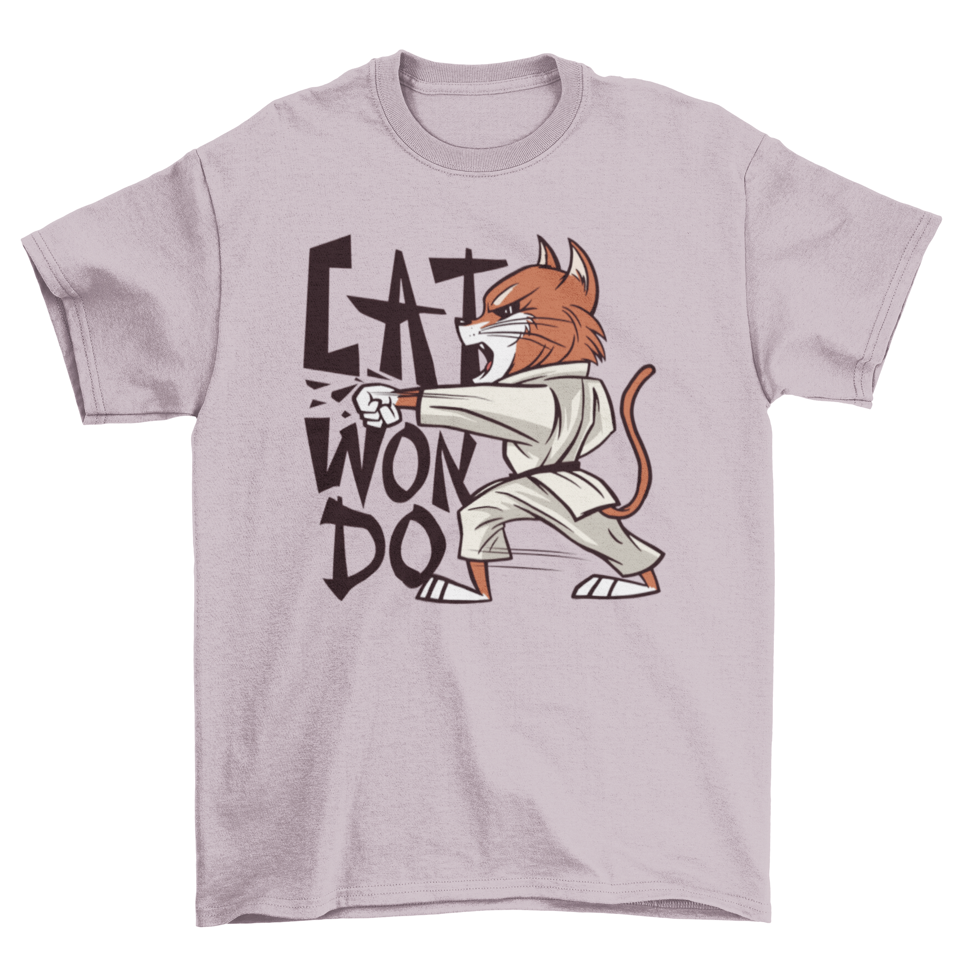 A stylish T-shirt featuring a playful cat practicing Taekwondo with the text CATWONDO.