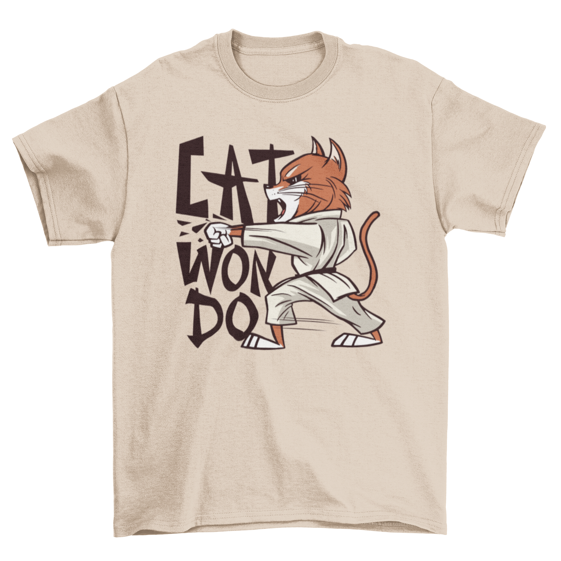 A stylish T-shirt featuring a playful cat practicing Taekwondo with the text CATWONDO.