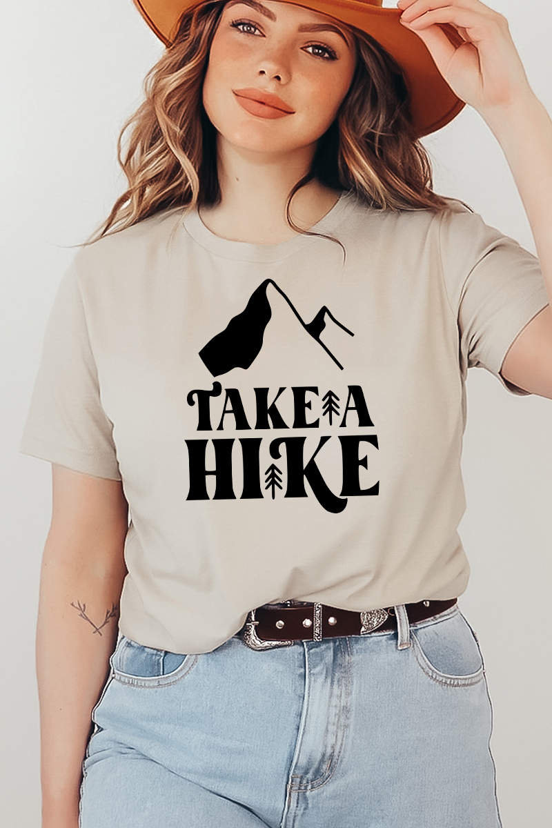 Take A Hike T-shirt made from premium ring spun cotton, featuring a stylish outdoor-themed design and available in various sizes.