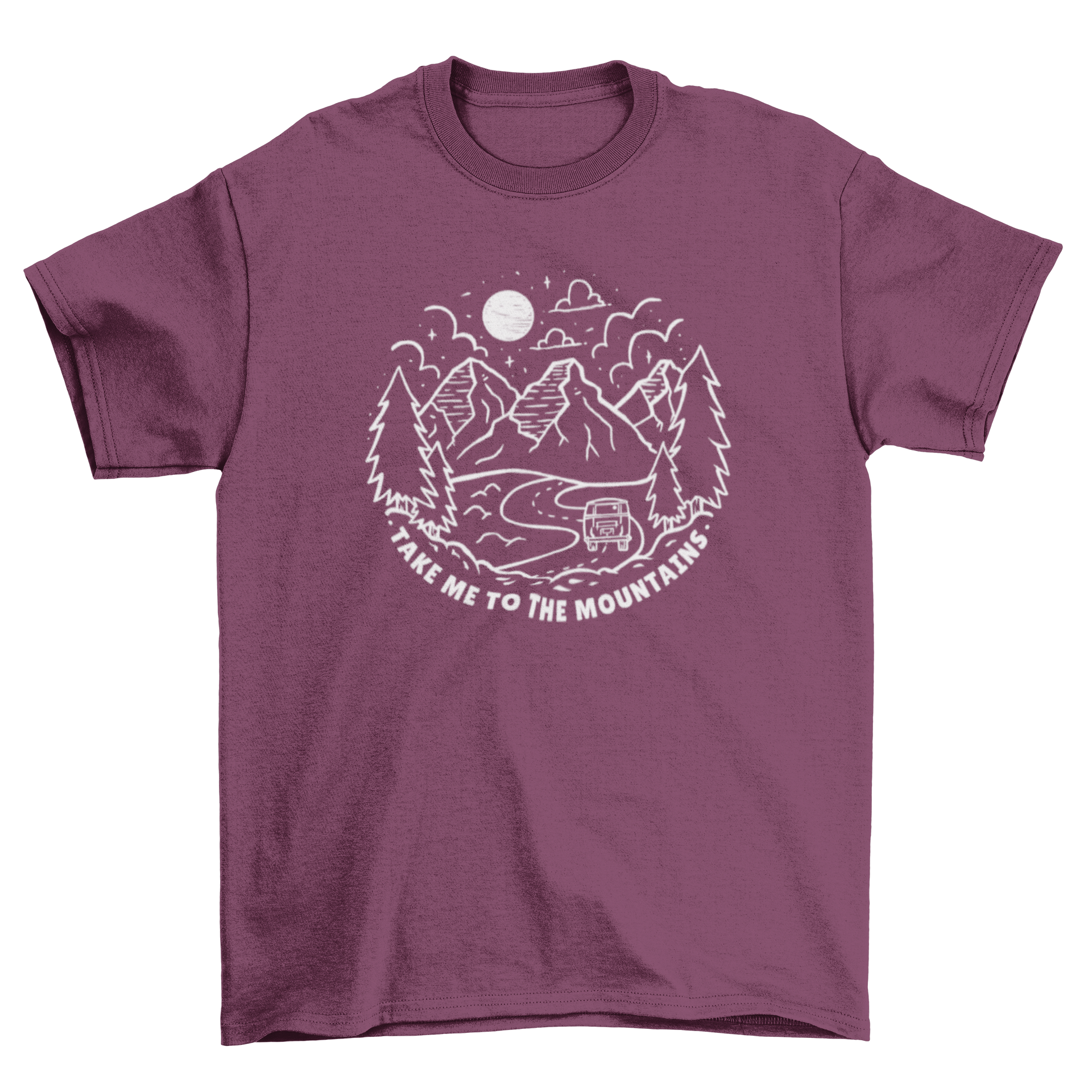 A stylish t-shirt featuring the quote 'Take me to the mountains' with a scenic mountain backdrop.