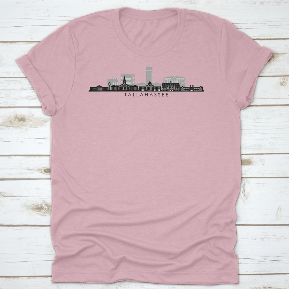 Tallahassee Florida skyline silhouette vector graphic design on a cotton fabric, showcasing the city's iconic buildings.