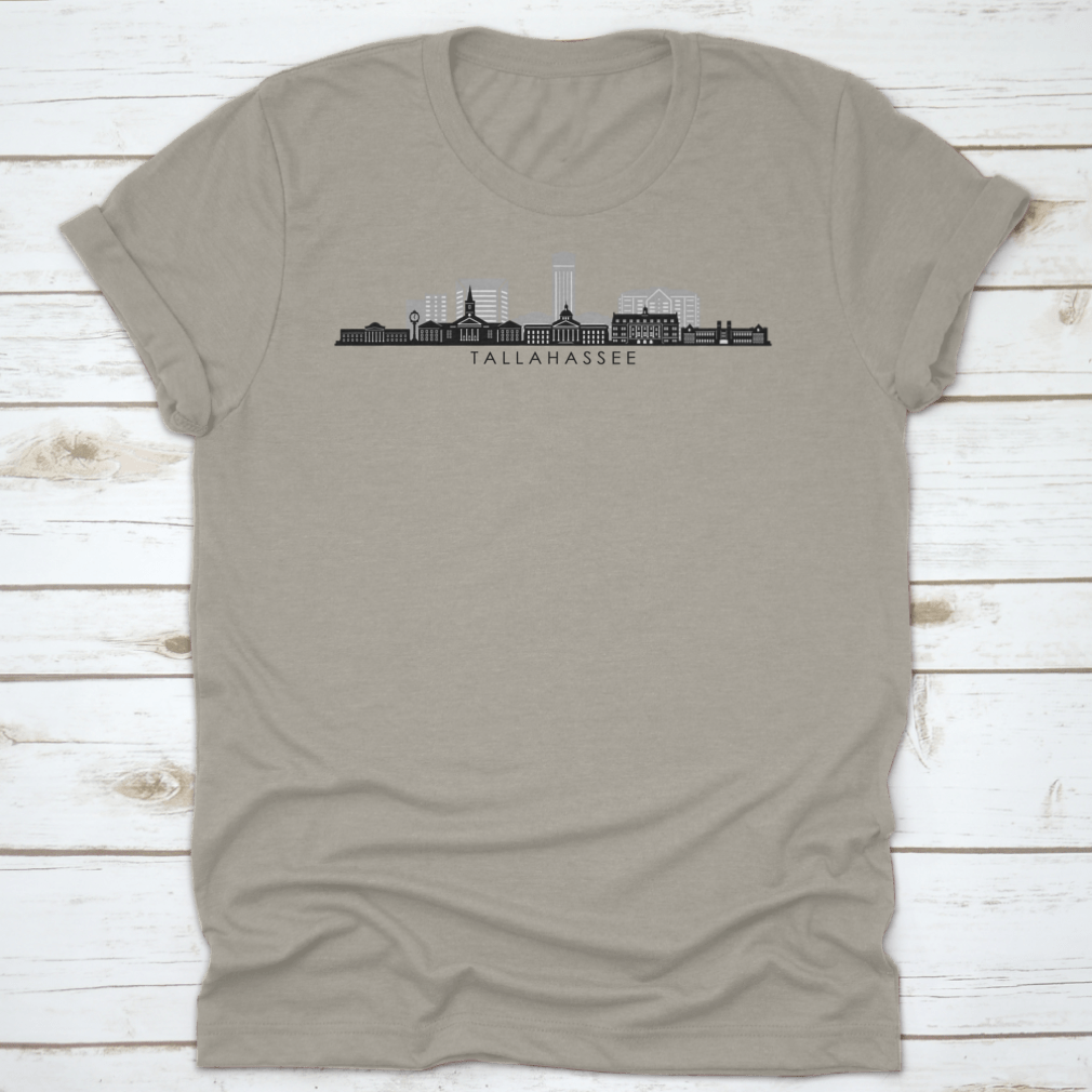 Tallahassee Florida skyline silhouette vector graphic design on a cotton fabric, showcasing the city's iconic buildings.