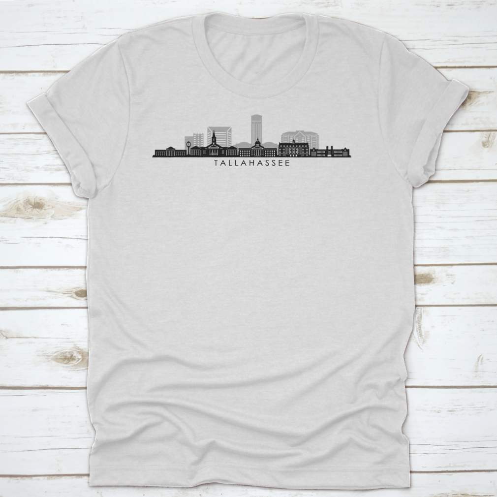 Tallahassee Florida skyline silhouette vector graphic design on a cotton fabric, showcasing the city's iconic buildings.