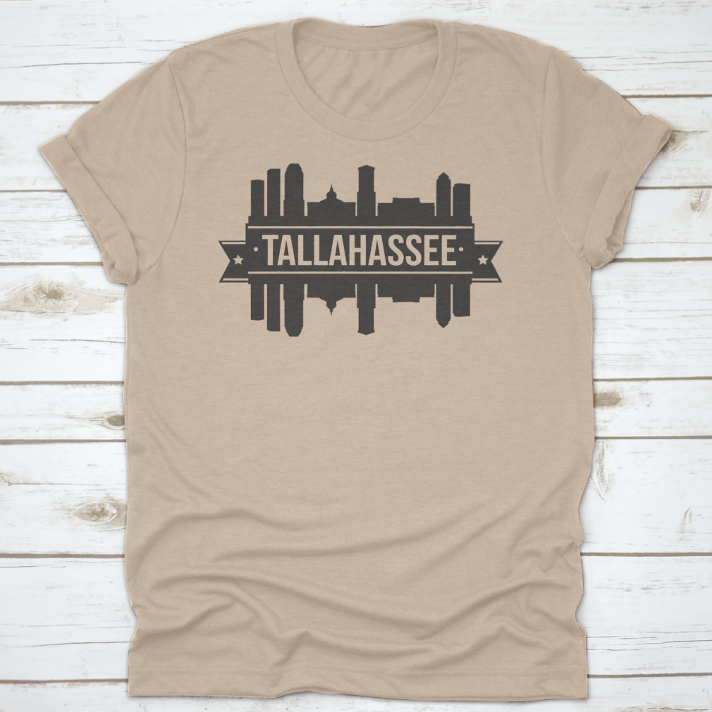 Tallahassee skyline silhouette design in vector art style, showcasing iconic landmarks against a vibrant background.