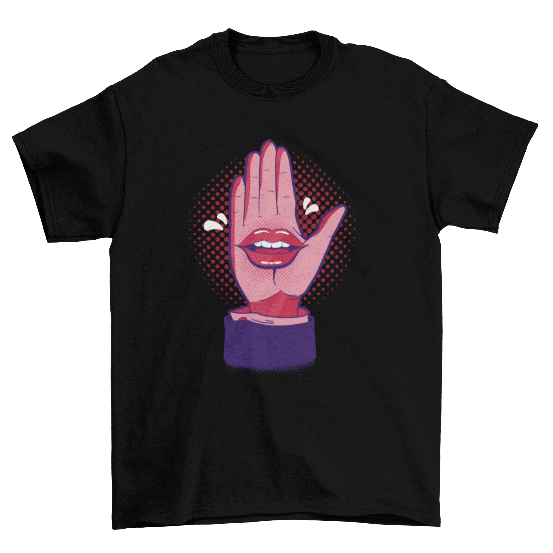 A stylish t-shirt featuring a comic-style illustration of a hand with a mouth talking, showcasing vibrant colors and unique design.