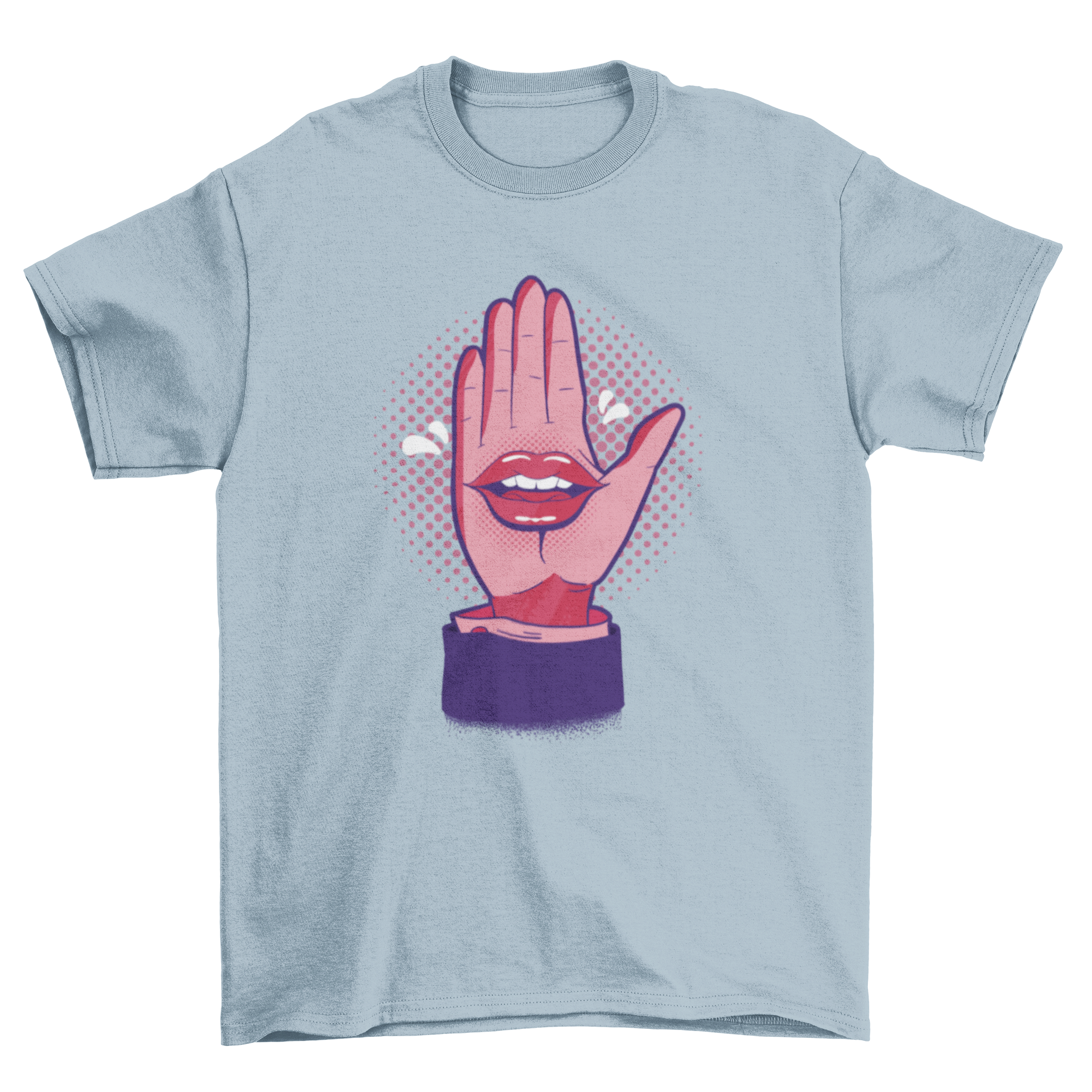 A stylish t-shirt featuring a comic-style illustration of a hand with a mouth talking, showcasing vibrant colors and unique design.