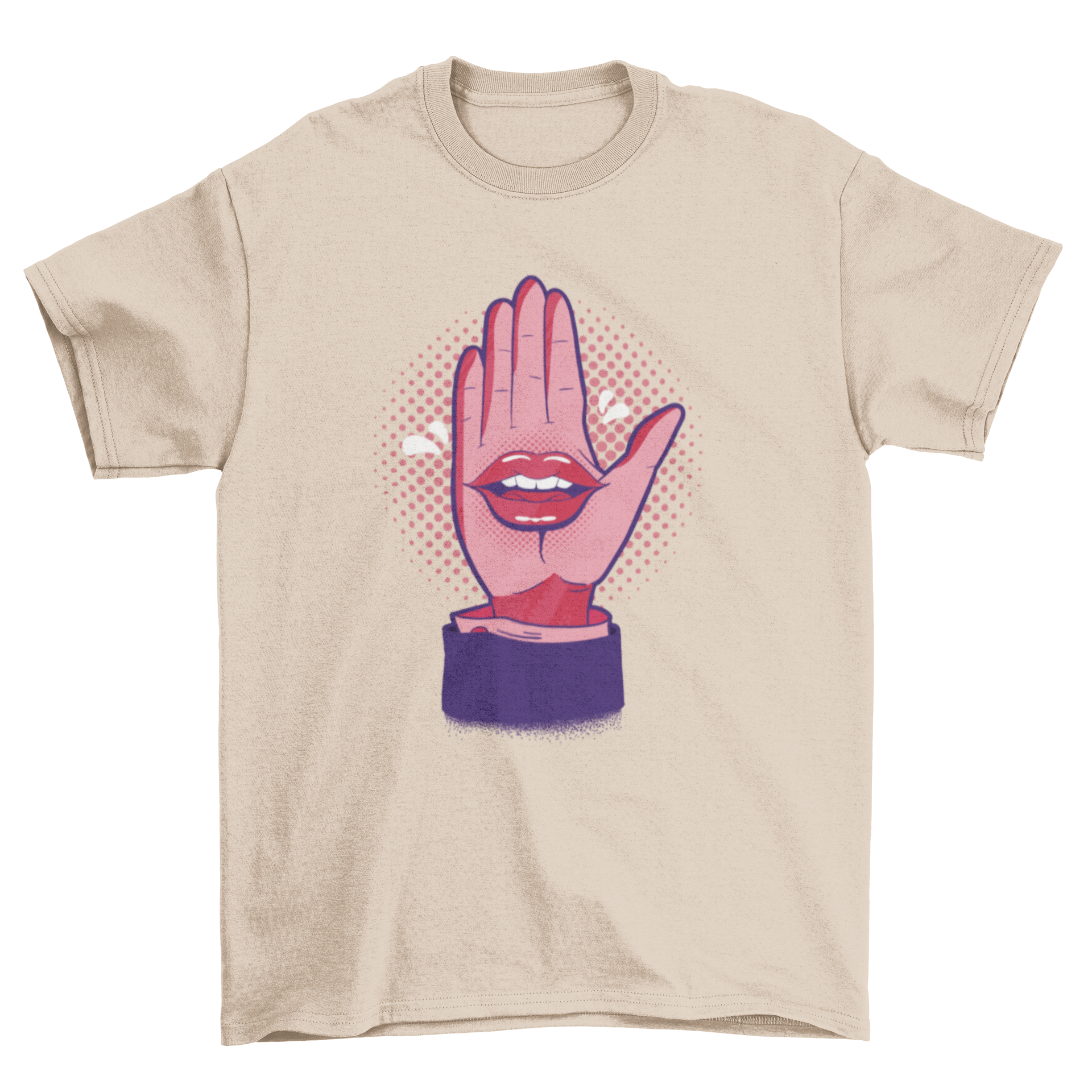 A stylish t-shirt featuring a comic-style illustration of a hand with a mouth talking, showcasing vibrant colors and unique design.