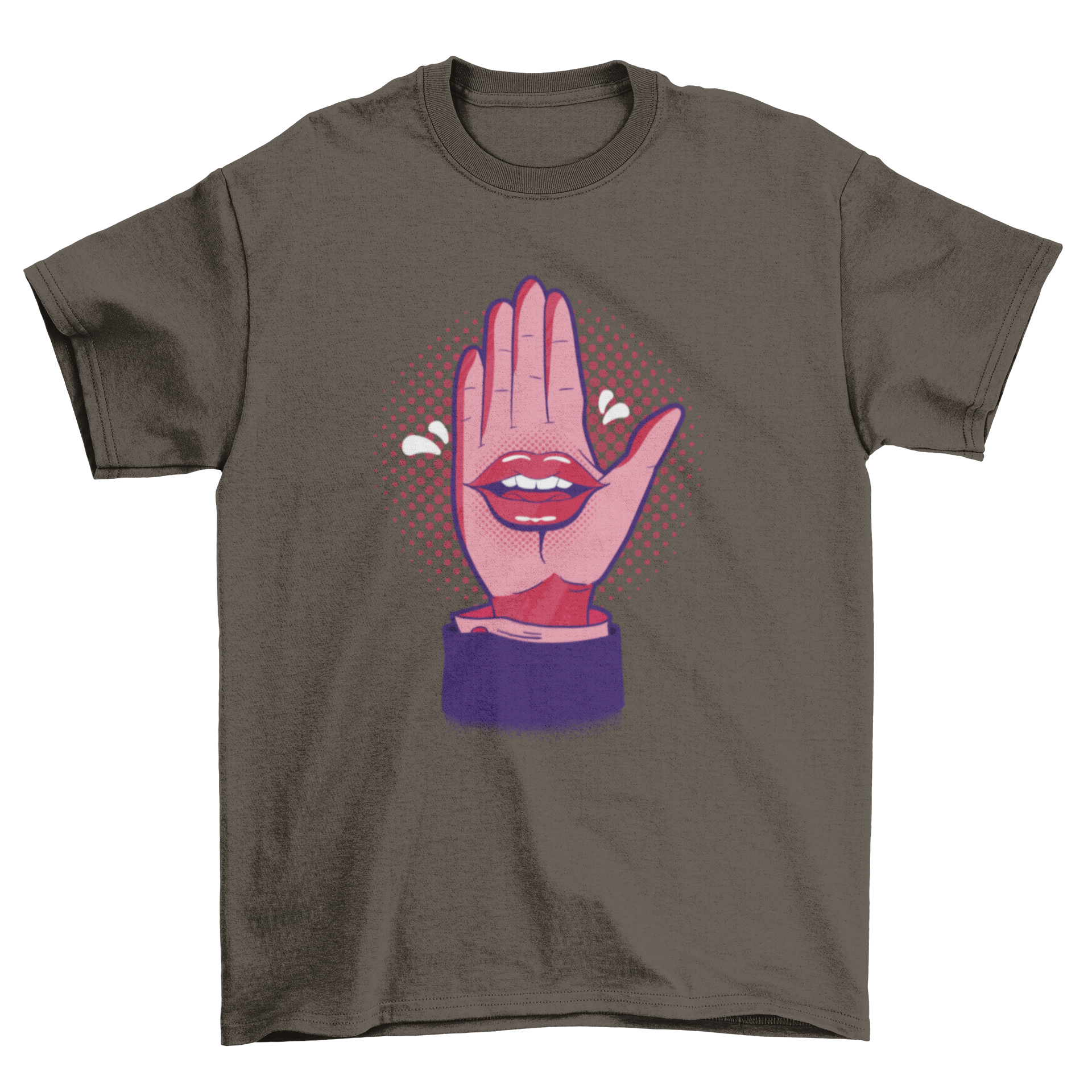 A stylish t-shirt featuring a comic-style illustration of a hand with a mouth talking, showcasing vibrant colors and unique design.