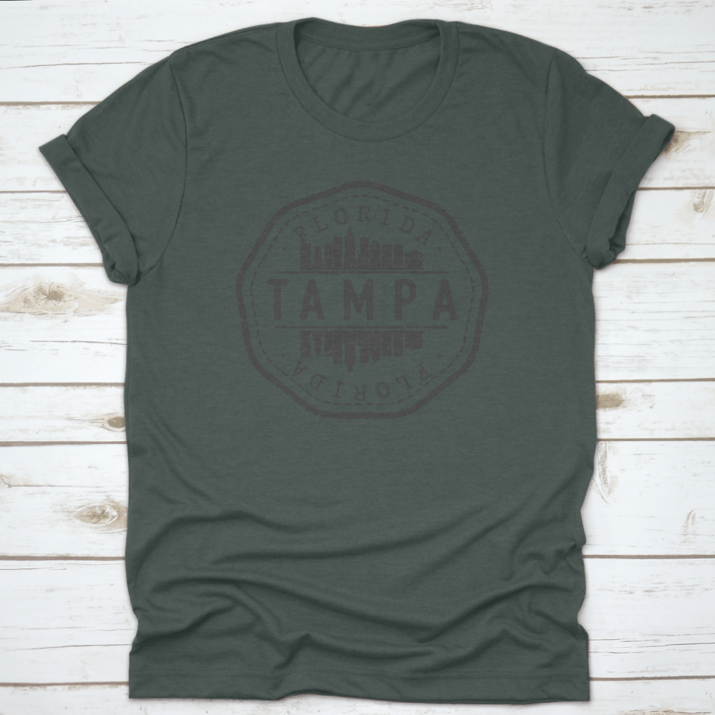 Tampa, FL USA Stamp Skyline Postmark T-shirt featuring a round vector icon of the city skyline on a soft cotton fabric.