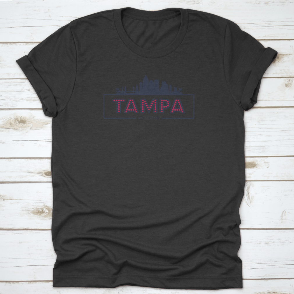 Stylish flat design vector of the Tampa Florida skyline silhouette, showcasing iconic buildings in a modern typographic style.