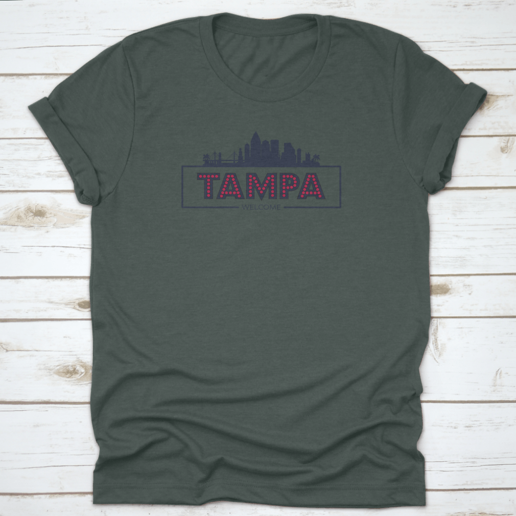 Stylish flat design vector of the Tampa Florida skyline silhouette, showcasing iconic buildings in a modern typographic style.