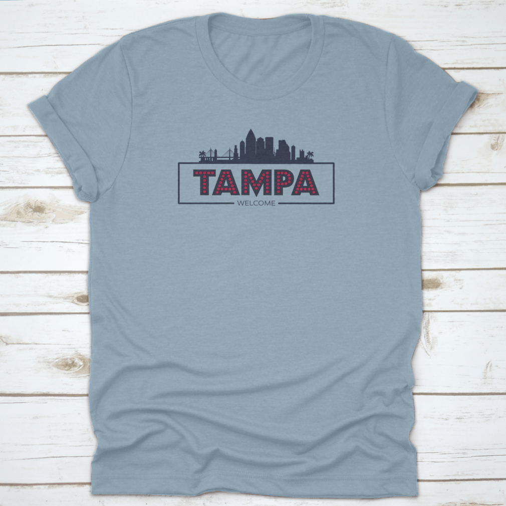 Stylish flat design vector of the Tampa Florida skyline silhouette, showcasing iconic buildings in a modern typographic style.