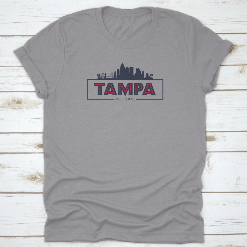 Stylish flat design vector of the Tampa Florida skyline silhouette, showcasing iconic buildings in a modern typographic style.