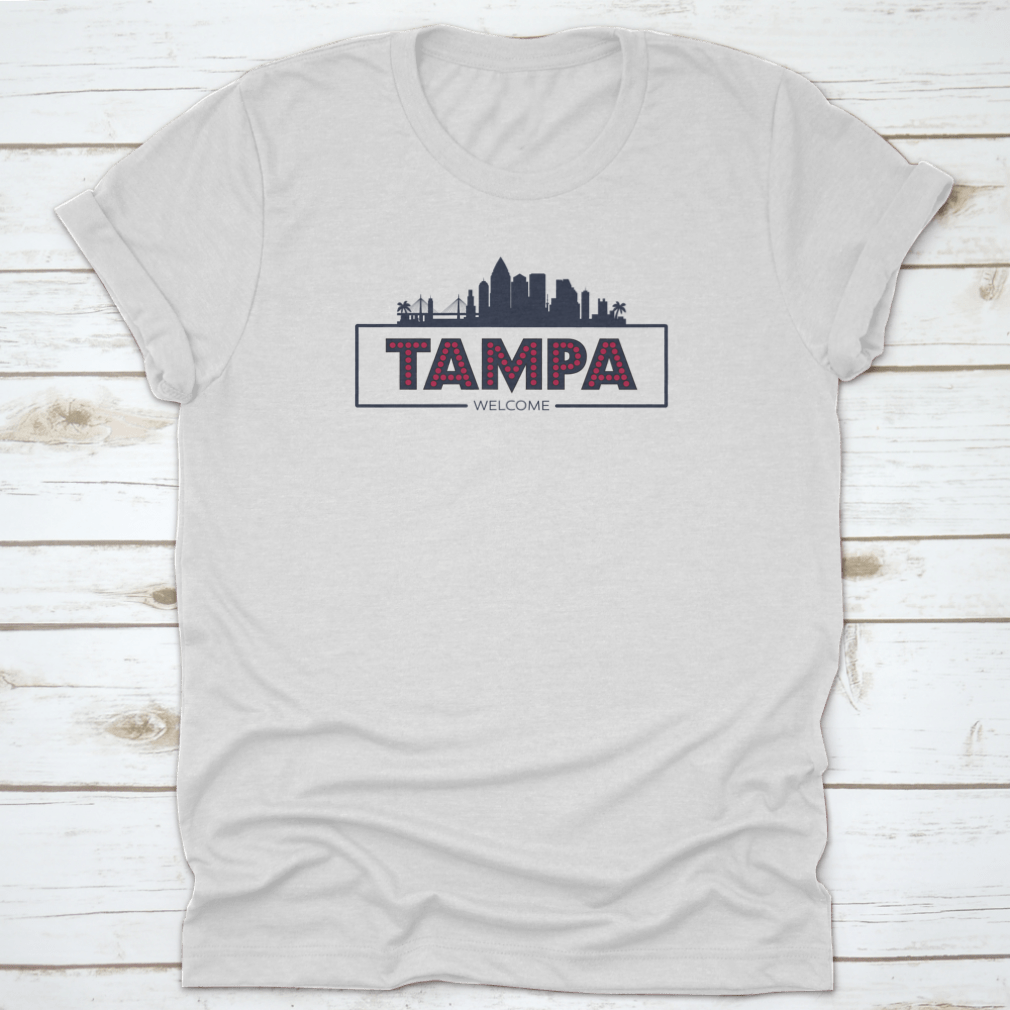 Stylish flat design vector of the Tampa Florida skyline silhouette, showcasing iconic buildings in a modern typographic style.