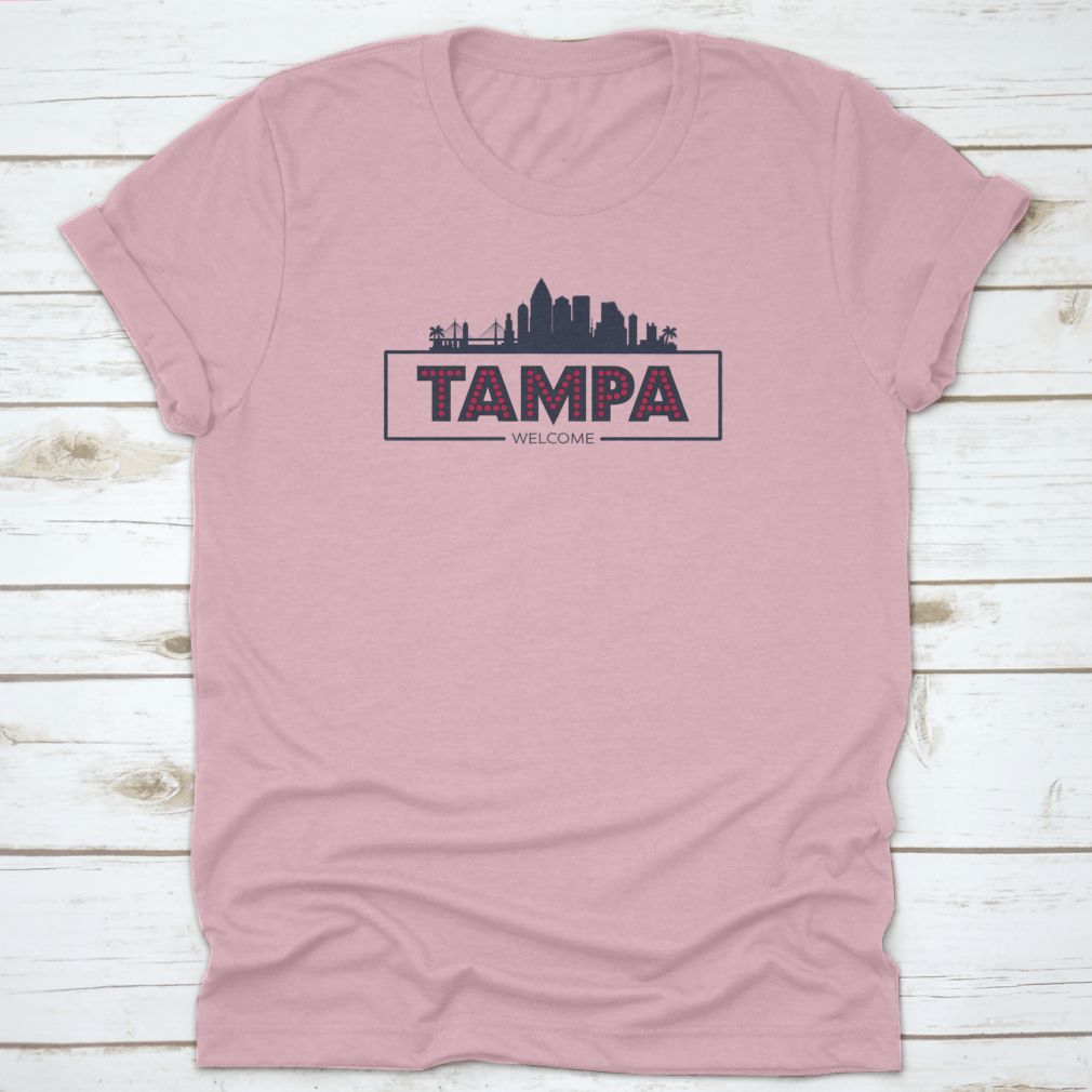 Stylish flat design vector of the Tampa Florida skyline silhouette, showcasing iconic buildings in a modern typographic style.