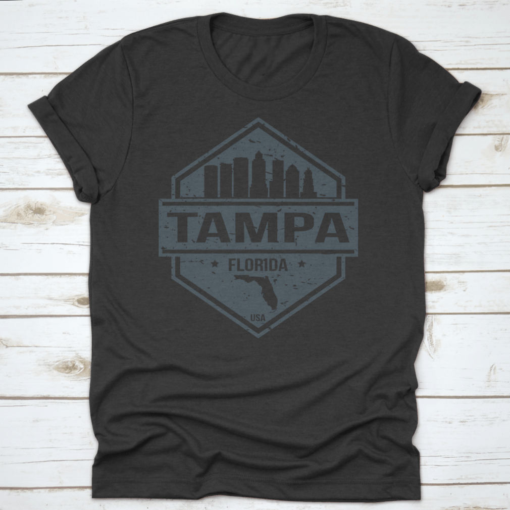 Tampa Florida travel stamp icon skyline design featuring iconic city landmarks in a stylish layout.