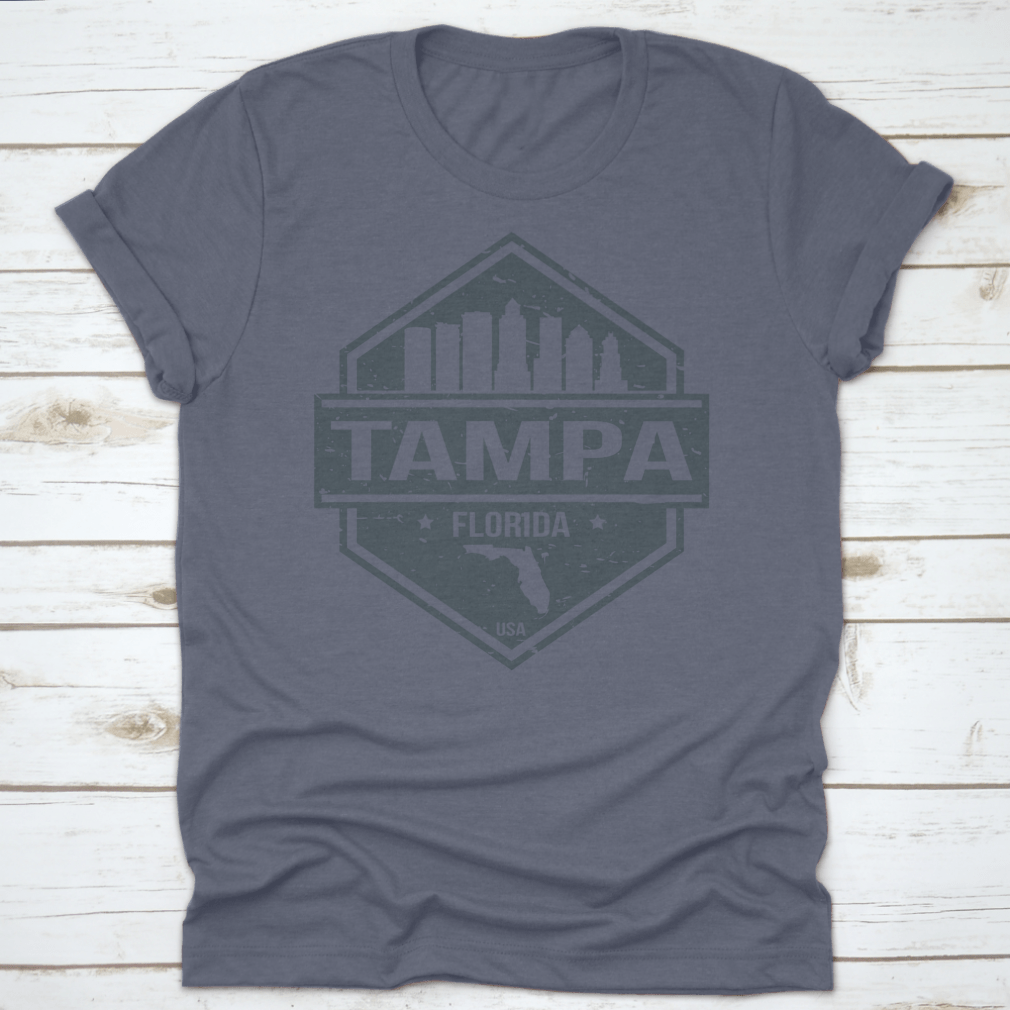 Tampa Florida travel stamp icon skyline design featuring iconic city landmarks in a stylish layout.