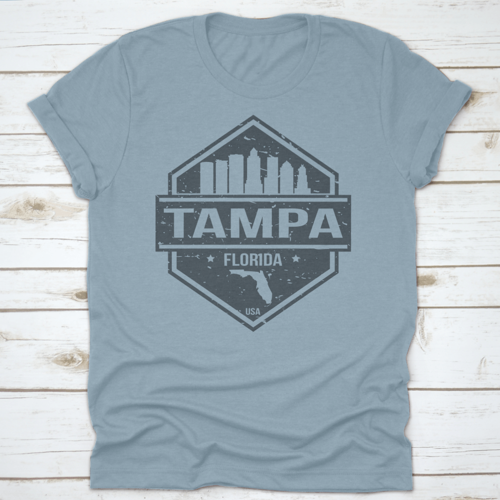 Tampa Florida travel stamp icon skyline design featuring iconic city landmarks in a stylish layout.