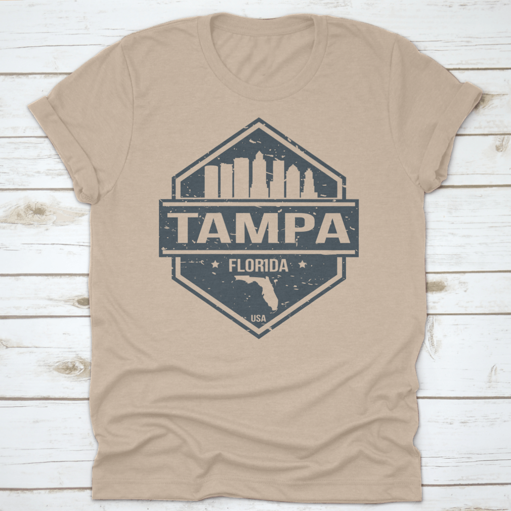 Tampa Florida travel stamp icon skyline design featuring iconic city landmarks in a stylish layout.