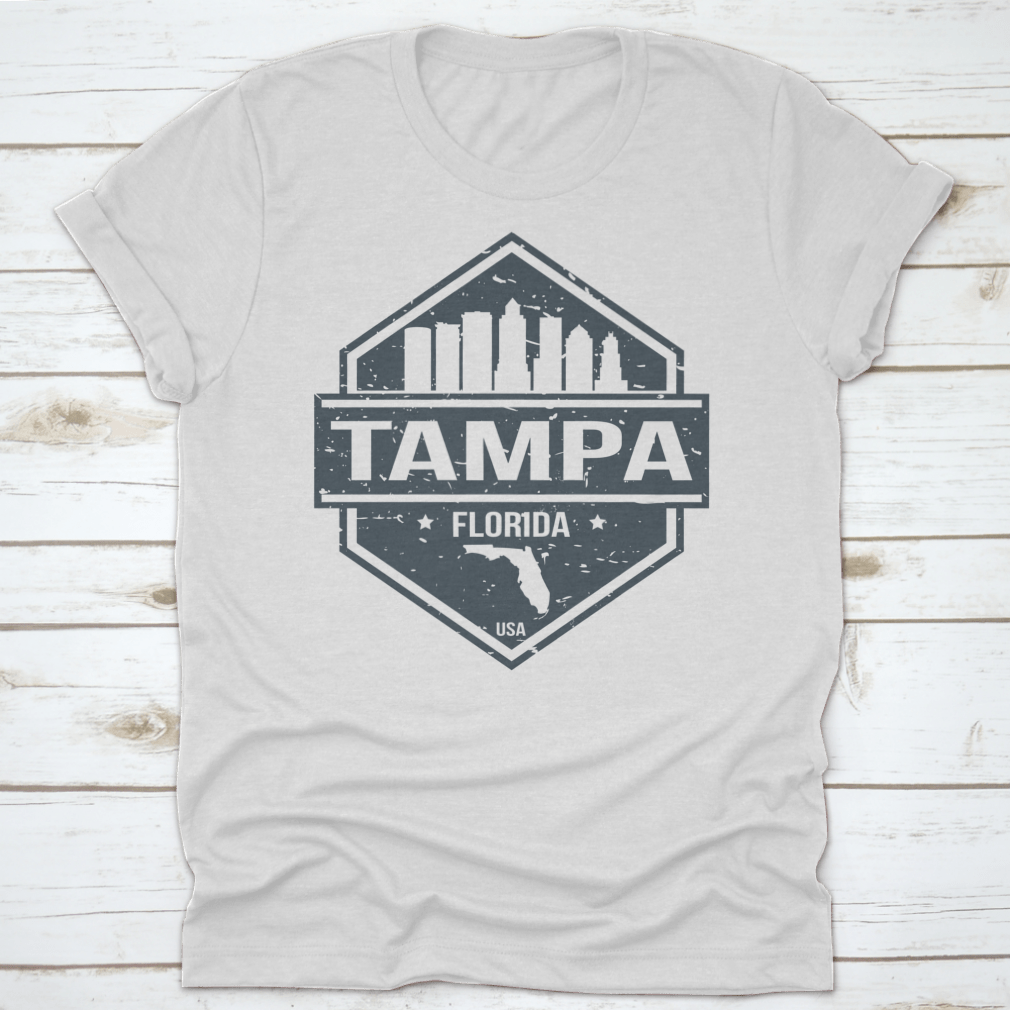 Tampa Florida travel stamp icon skyline design featuring iconic city landmarks in a stylish layout.