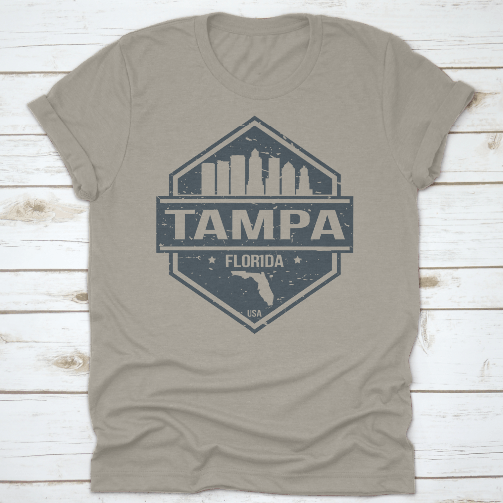 Tampa Florida travel stamp icon skyline design featuring iconic city landmarks in a stylish layout.