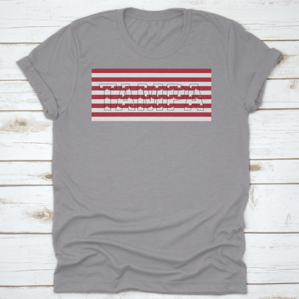 Tampa USA Flag T-shirt featuring a vector design with the word 'Tampa' on the USA flag, made from 100% cotton.