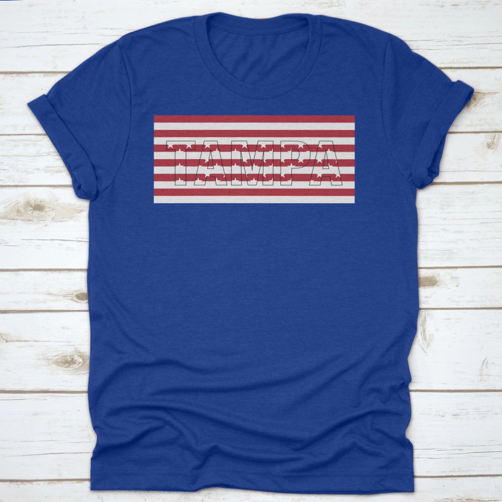 Tampa USA Flag T-shirt featuring a vector design with the word 'Tampa' on the USA flag, made from 100% cotton.