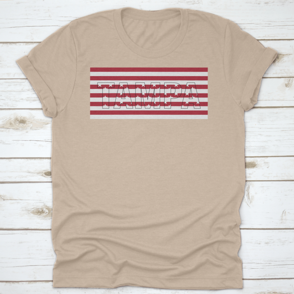 Tampa USA Flag T-shirt featuring a vector design with the word 'Tampa' on the USA flag, made from 100% cotton.