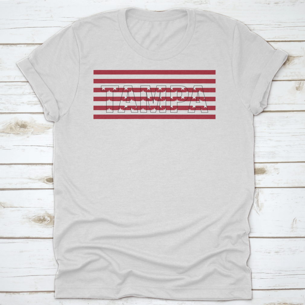 Tampa USA Flag T-shirt featuring a vector design with the word 'Tampa' on the USA flag, made from 100% cotton.