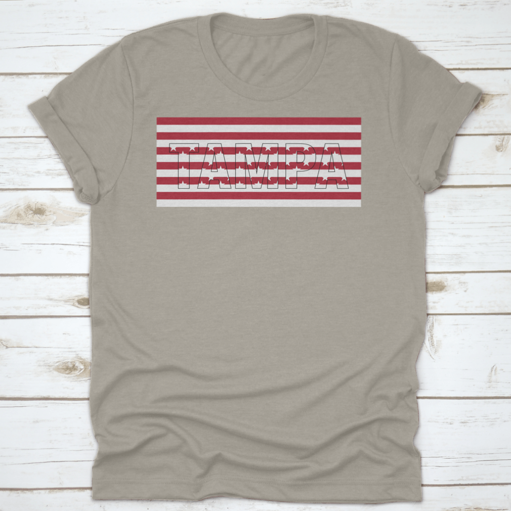 Tampa USA Flag T-shirt featuring a vector design with the word 'Tampa' on the USA flag, made from 100% cotton.