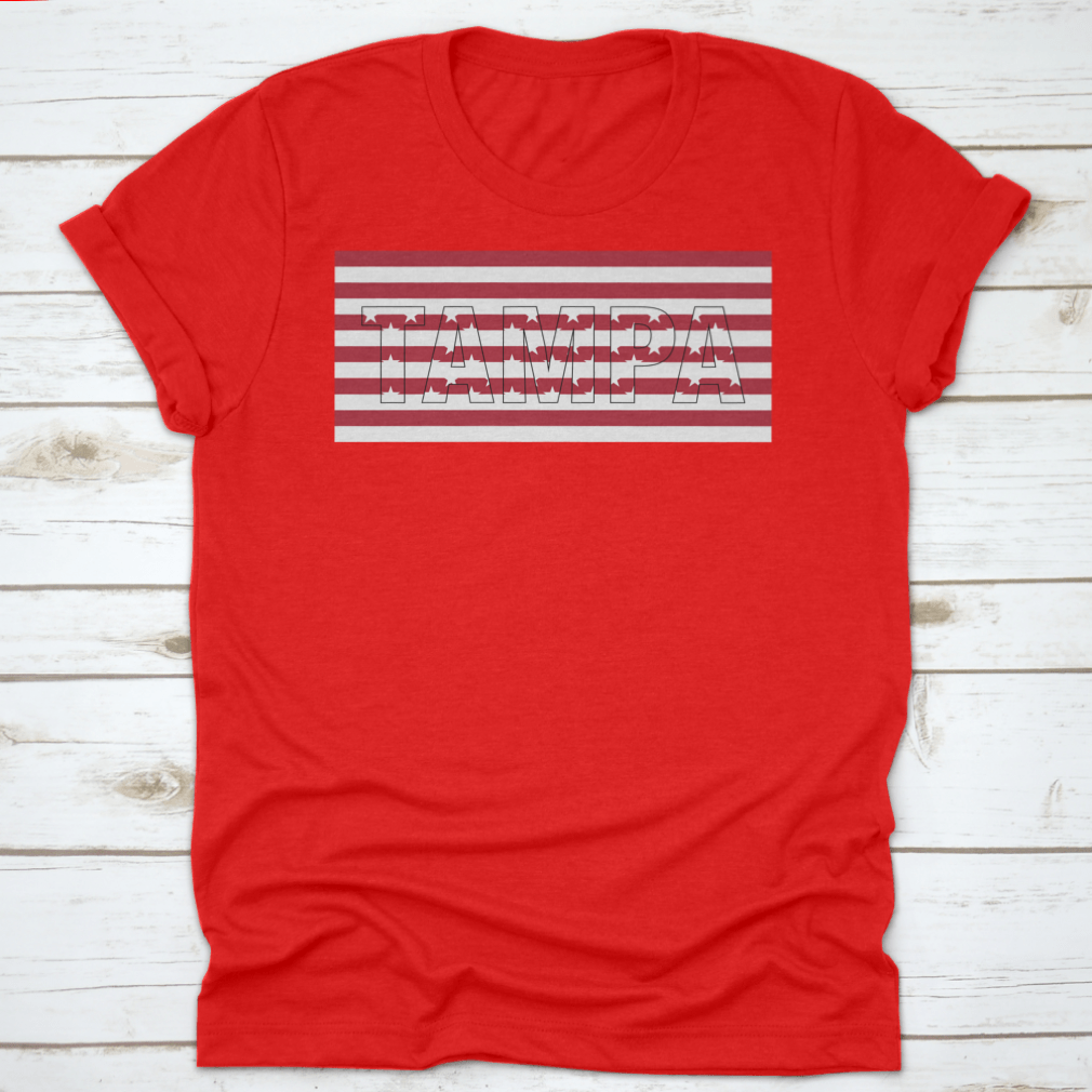 Tampa USA Flag T-shirt featuring a vector design with the word 'Tampa' on the USA flag, made from 100% cotton.