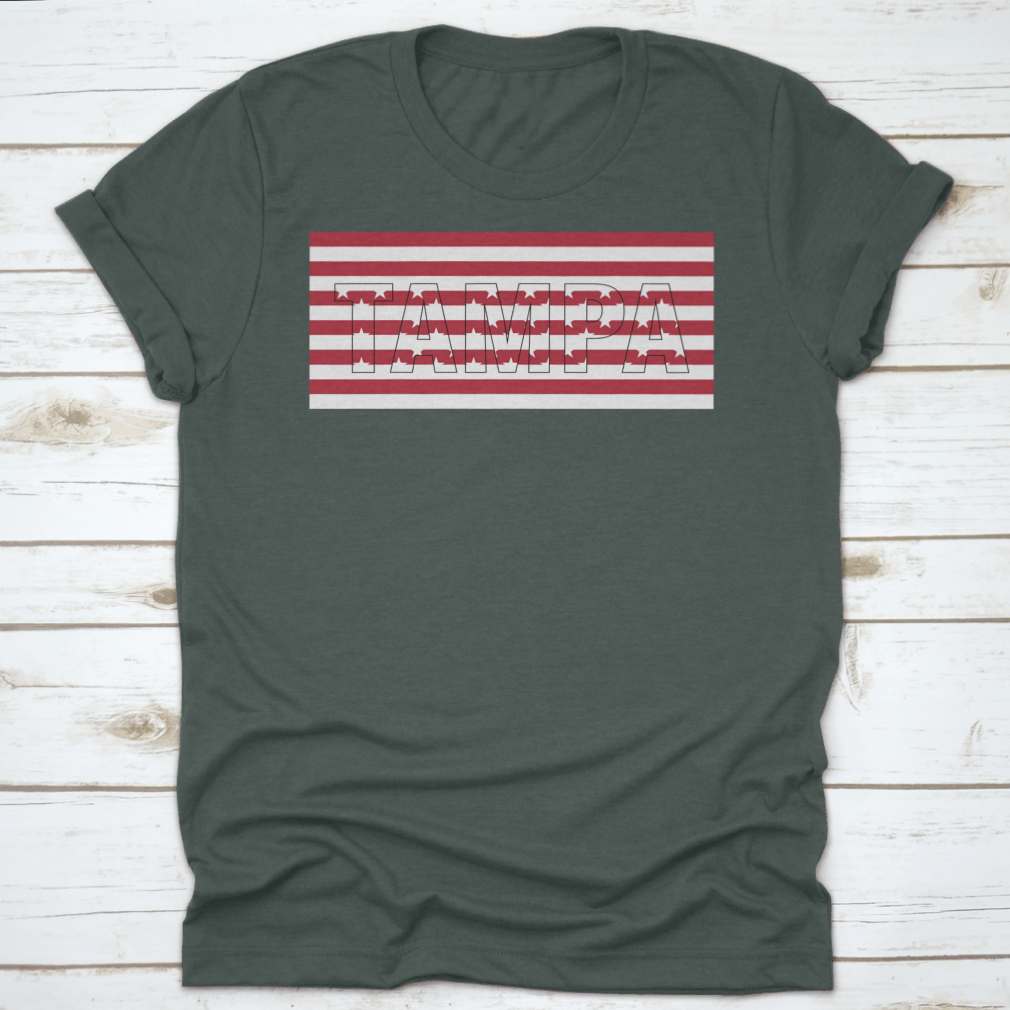 Tampa USA Flag T-shirt featuring a vector design with the word 'Tampa' on the USA flag, made from 100% cotton.