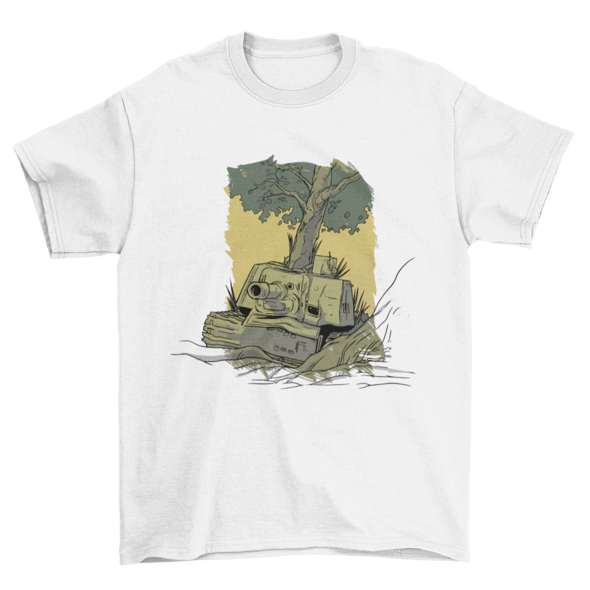 Tank Illustration T-shirt featuring a detailed tank design with a tree on top, showcasing a blend of military and nature themes.