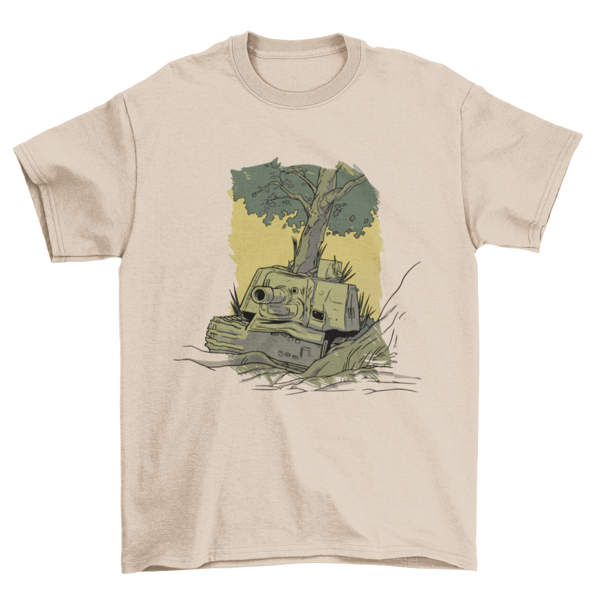 Tank Illustration T-shirt featuring a detailed tank design with a tree on top, showcasing a blend of military and nature themes.