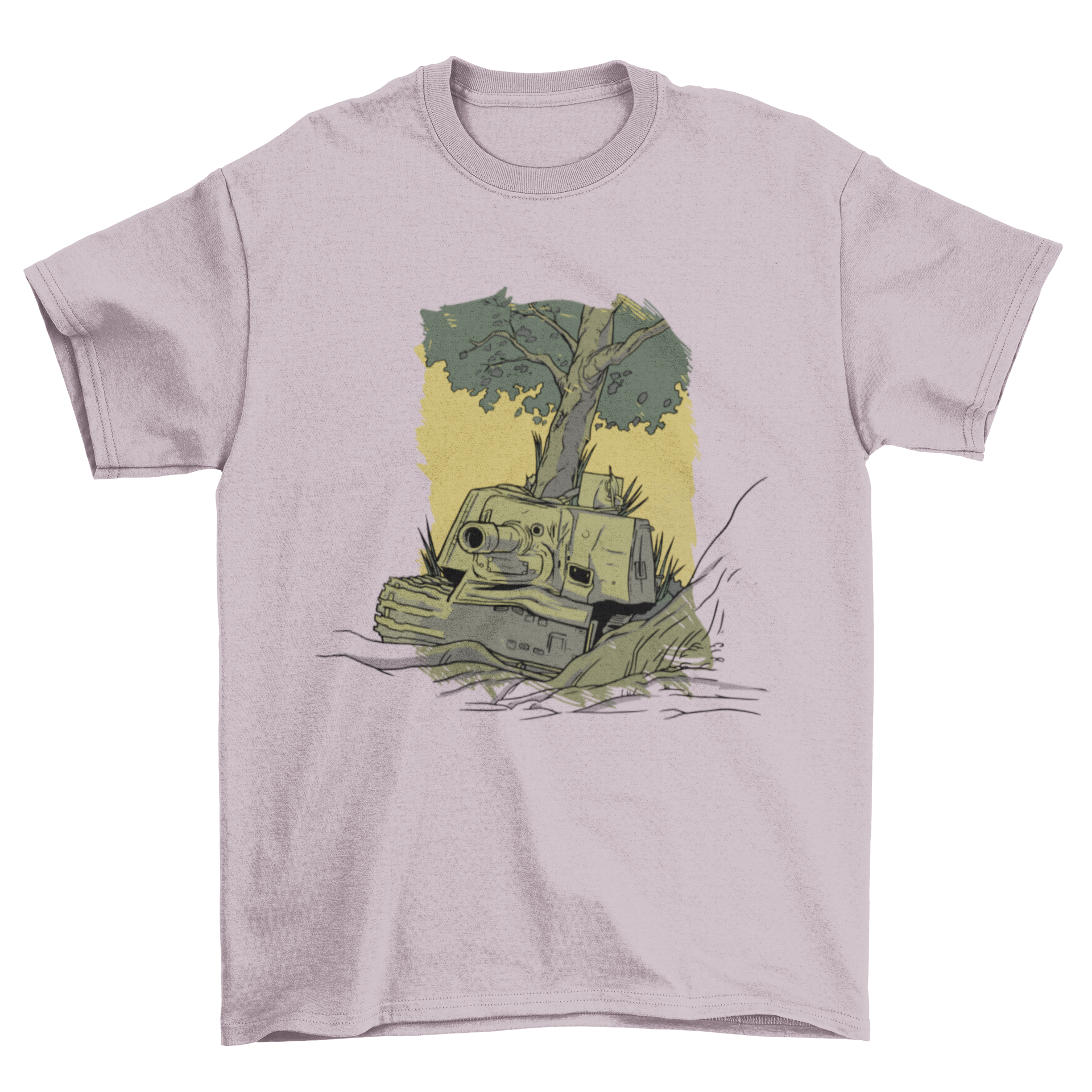 Tank Illustration T-shirt featuring a detailed tank design with a tree on top, showcasing a blend of military and nature themes.