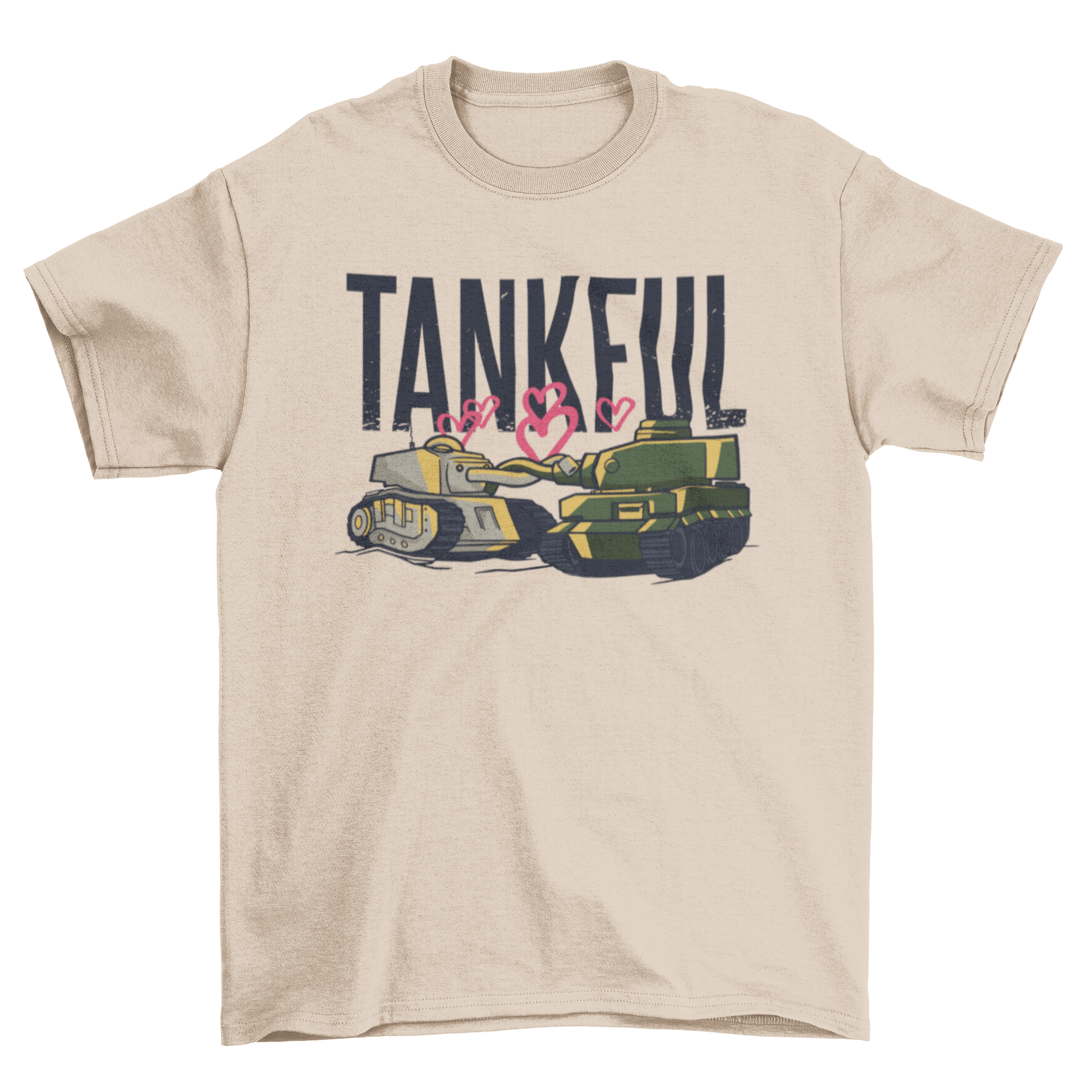 Tankful t-shirt featuring an army tank design with hearts, showcasing a playful and unique style.